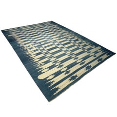 Vintage Dhurrie Rug in Blue, with Geometric Patterns, from Rug & Kilim