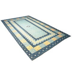Vintage Dhurrie Rug in Blue, with Geometric Patterns, from Rug & Kilim