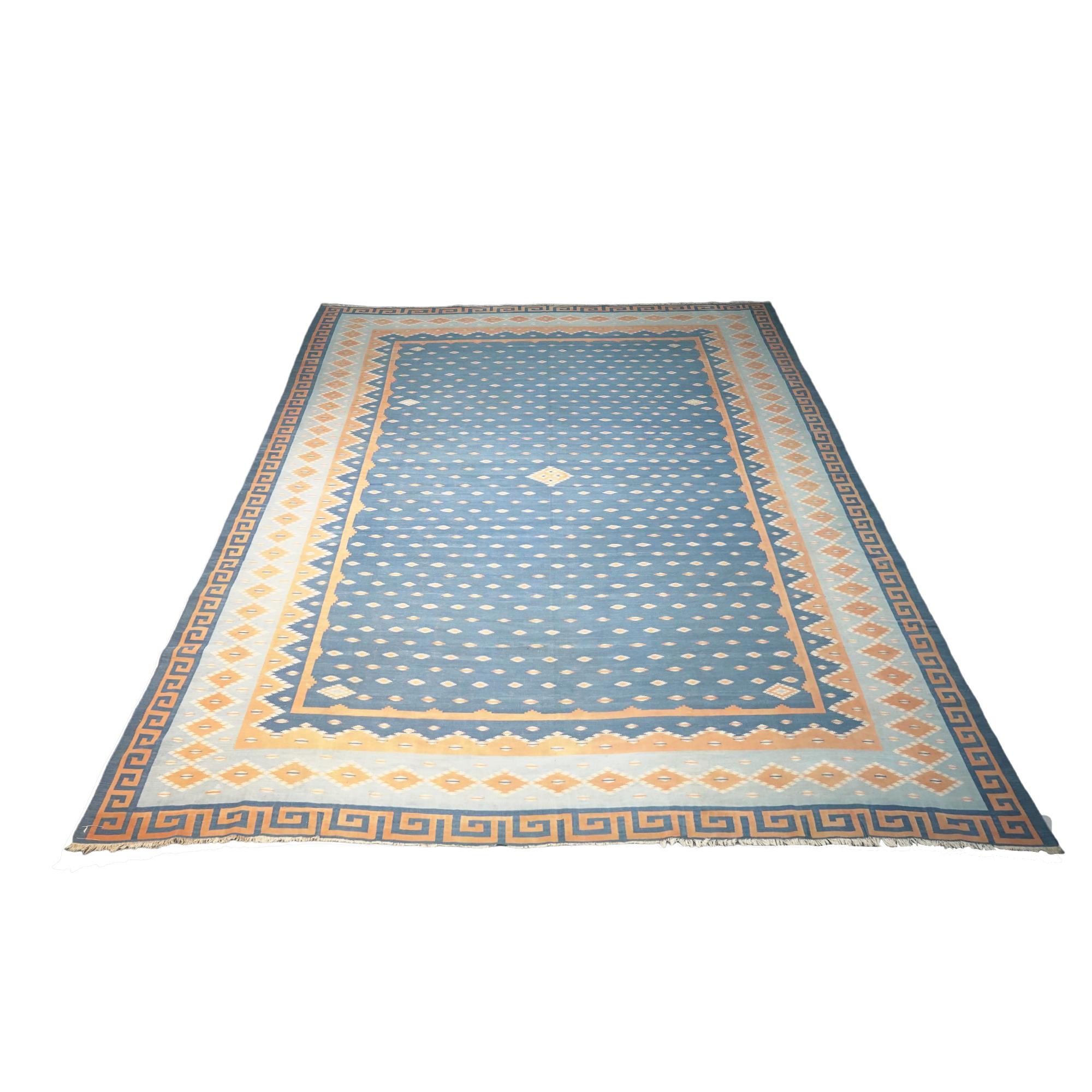 Vintage Dhurrie Vintage-Teppich in Blau, mit geometrischen Mustern (Kelim) im Angebot