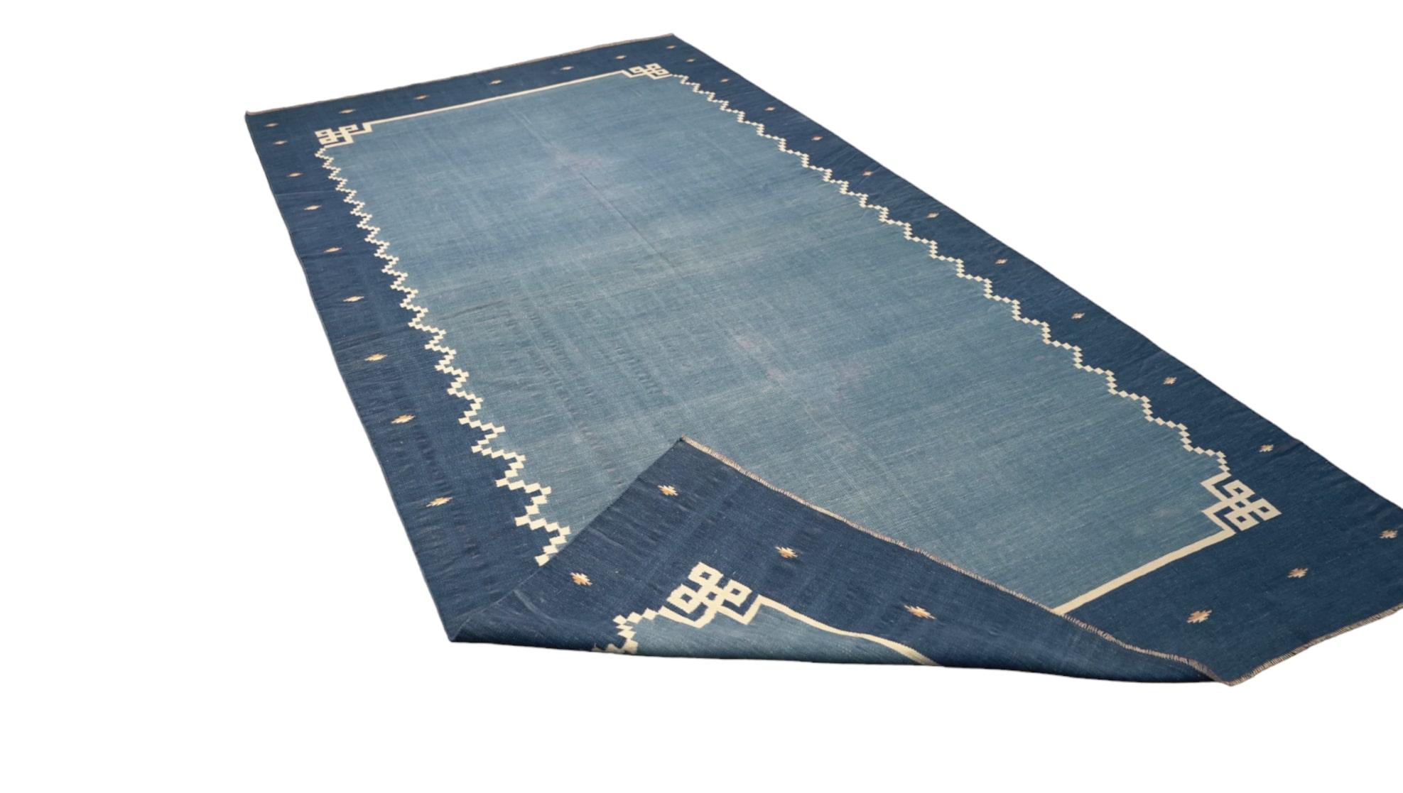 Hand-Woven Vintage Dhurrie Rug in Blue, with Geometric Patterns, from Rug & Kilim For Sale