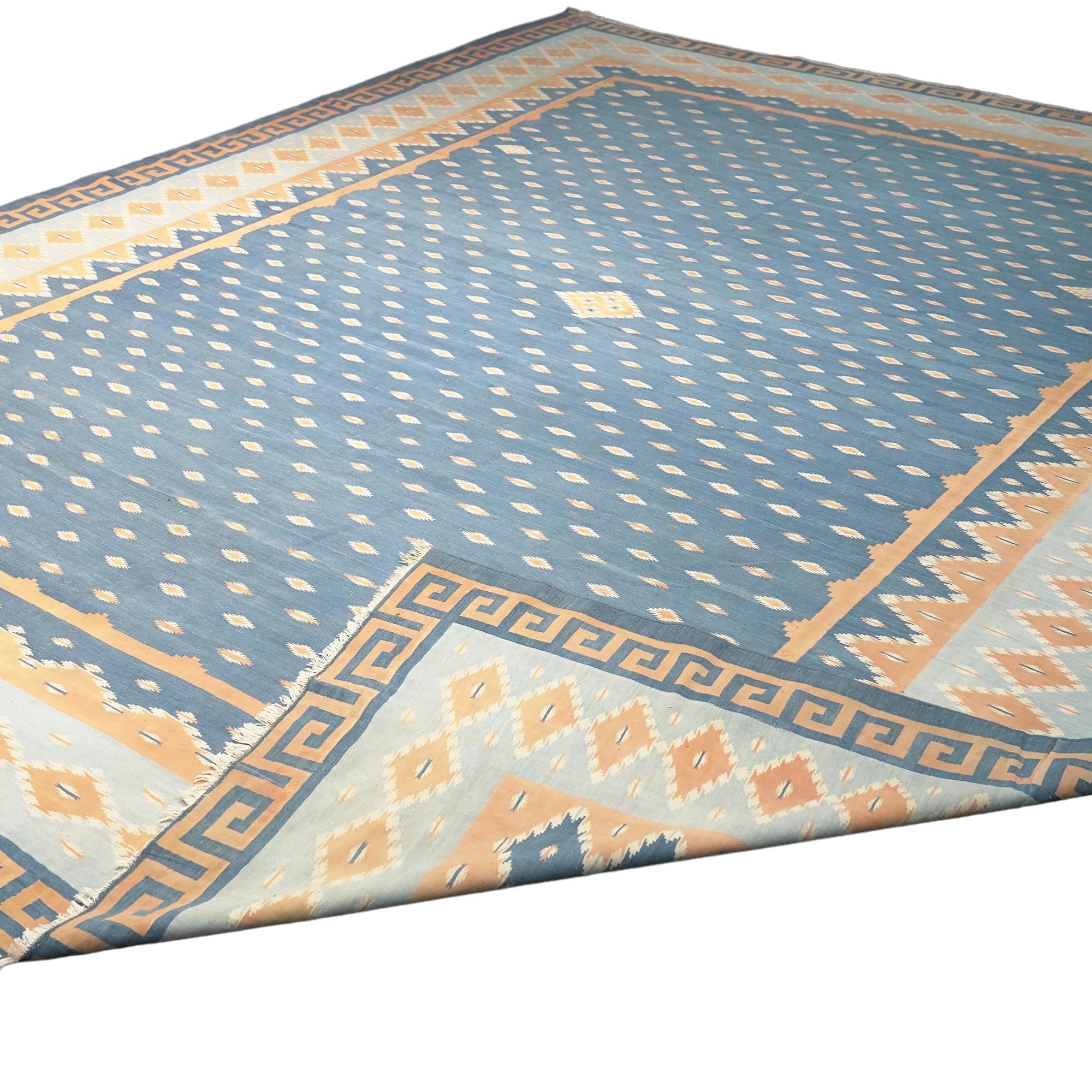Indian Vintage Dhurrie Rug in Blue, with Geometric Patterns For Sale