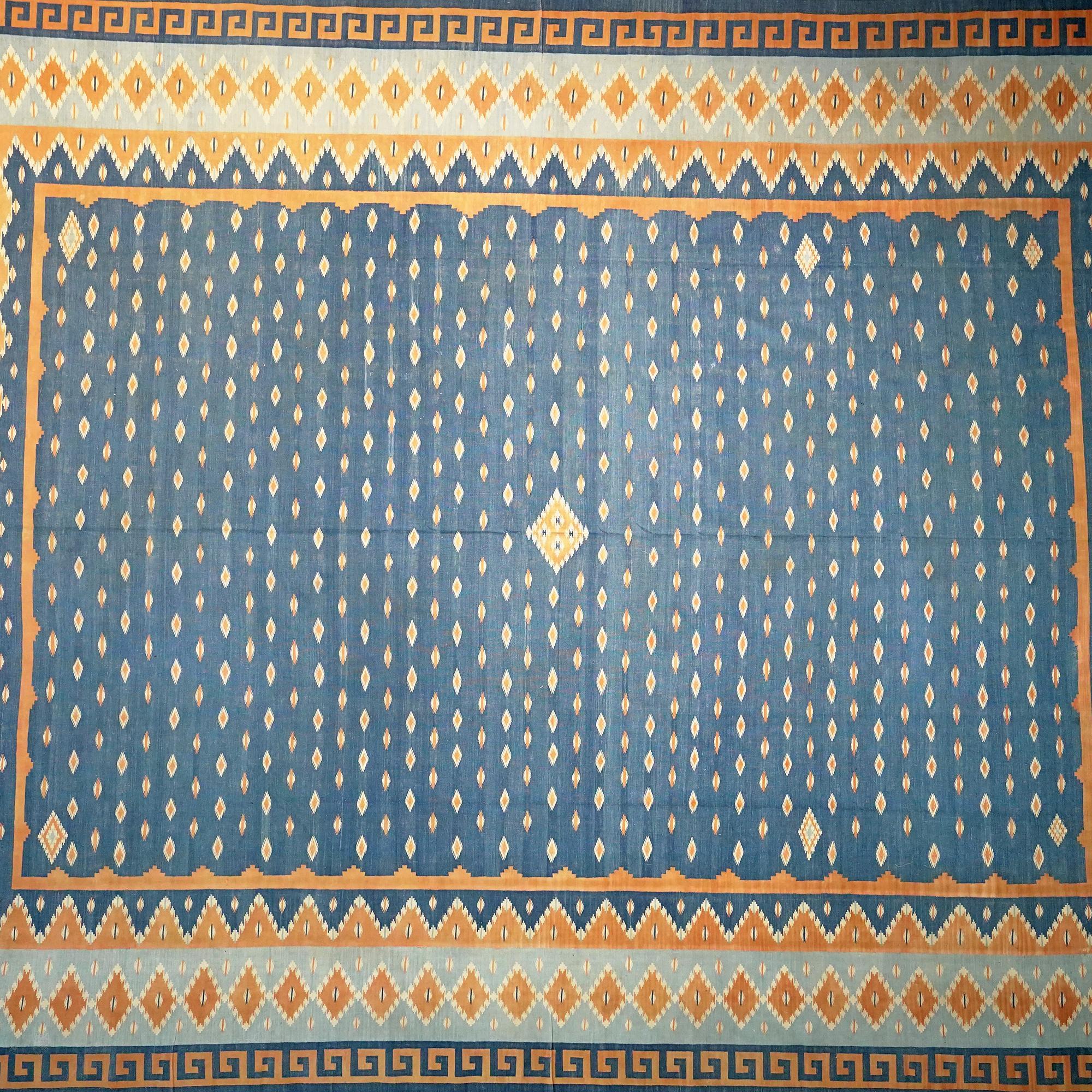 Hand-Woven Vintage Dhurrie Rug in Blue, with Geometric Patterns For Sale