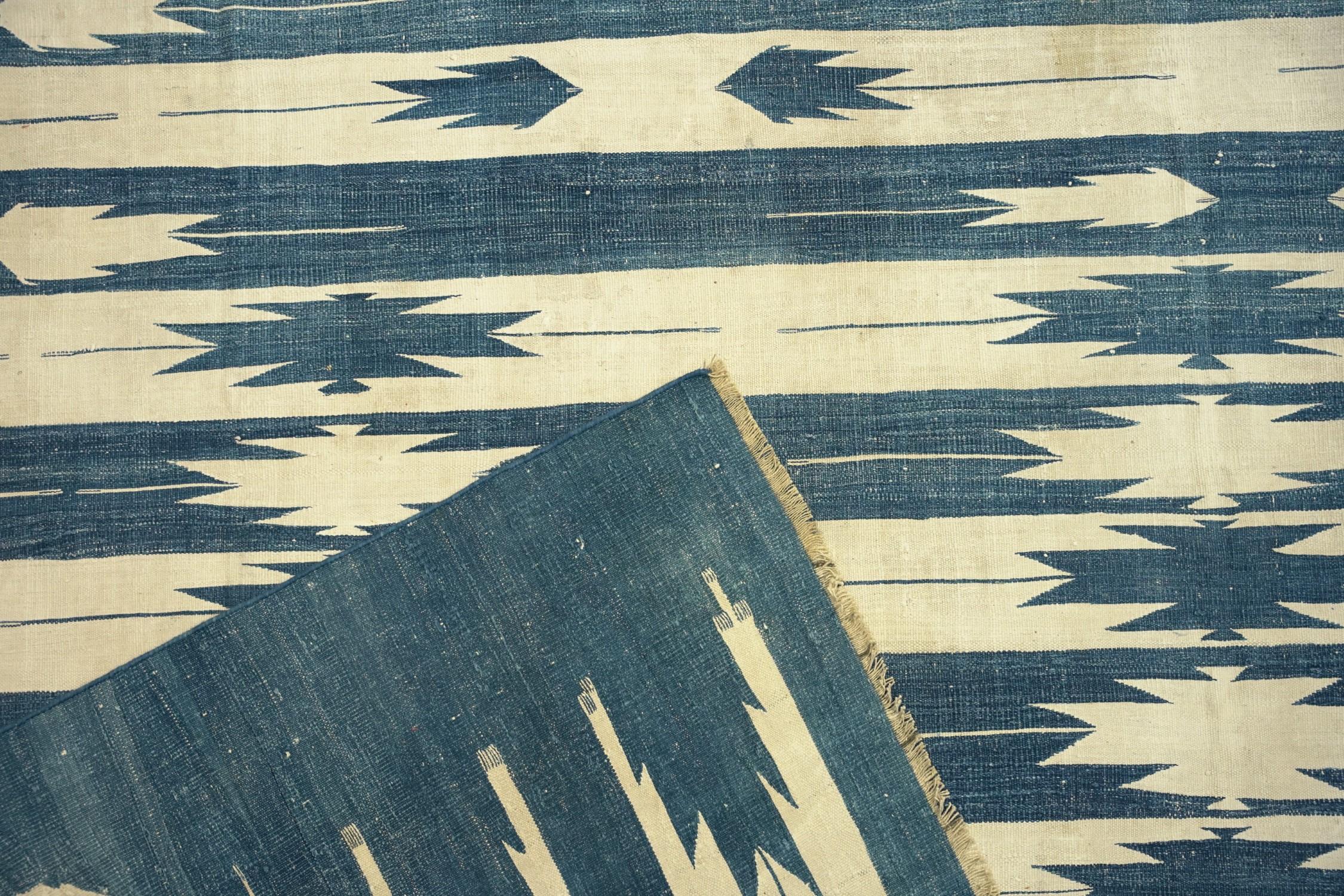Mid-20th Century Vintage Dhurrie Rug in Blue, with Geometric Patterns, from Rug & Kilim For Sale