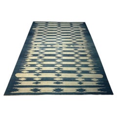 Tapis Dhurrie vintage en bleu, avec motifs géométriques, de Rug & Kilim
