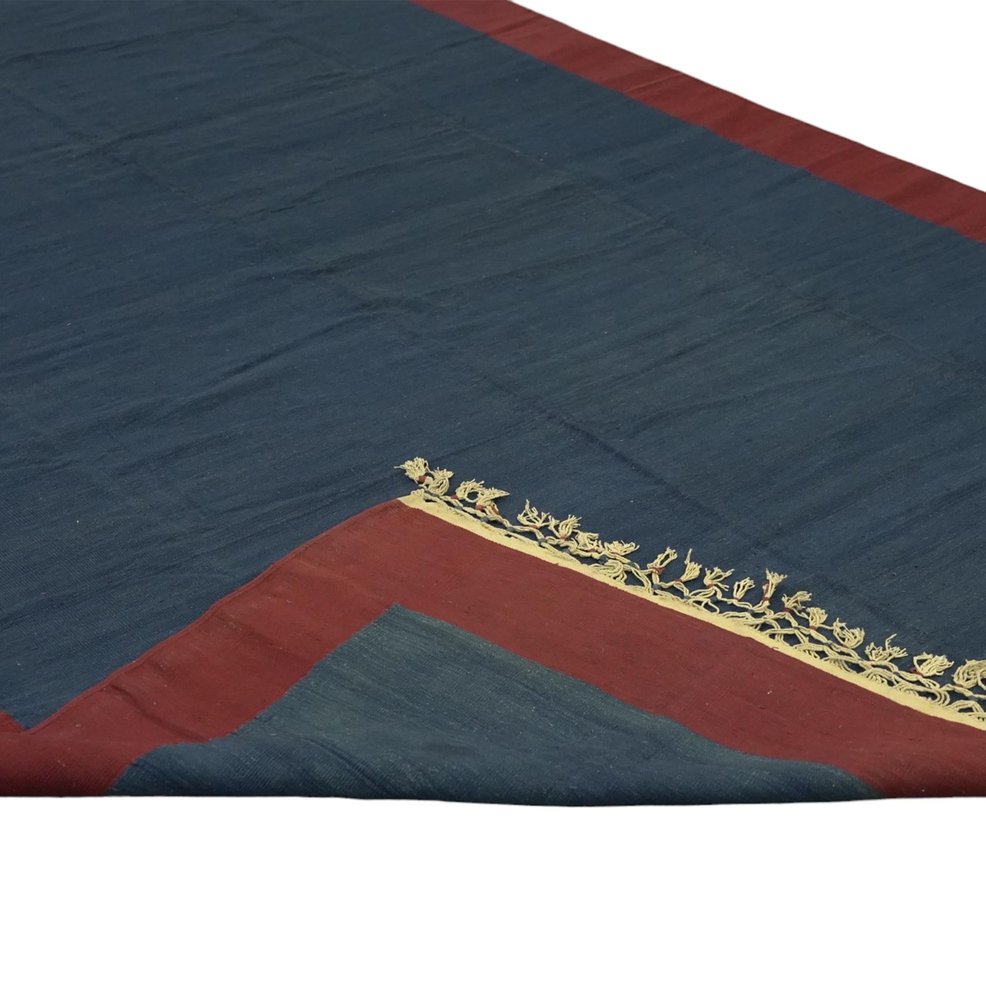 Indian Vintage Dhurrie Rug in Blue with Red Geometric Border, from Rug & Kilim For Sale
