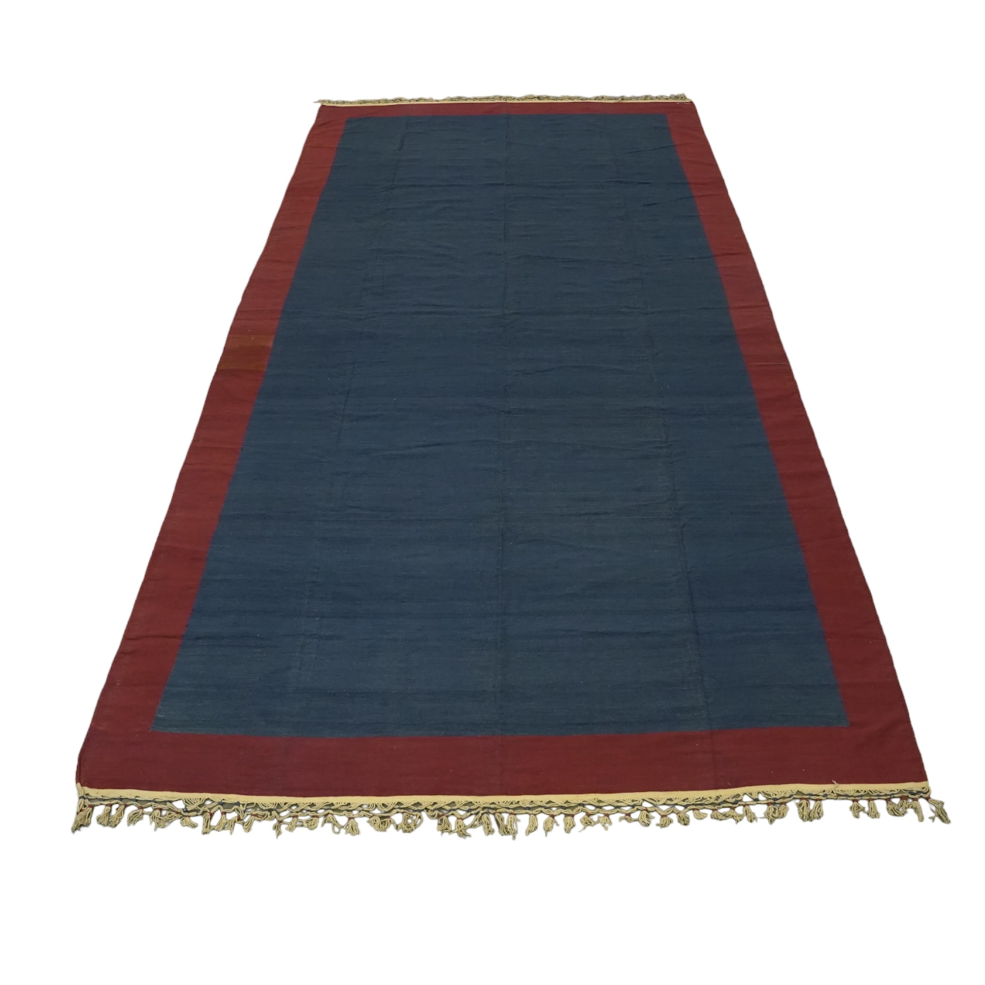 Tappeto Dhurrie vintage in blu con bordo geometrico rosso, da Rug & Kilim