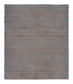 Vintage Dhurrie Rug in Blue with Salmon-Pink Stripes - Rug & Kilim