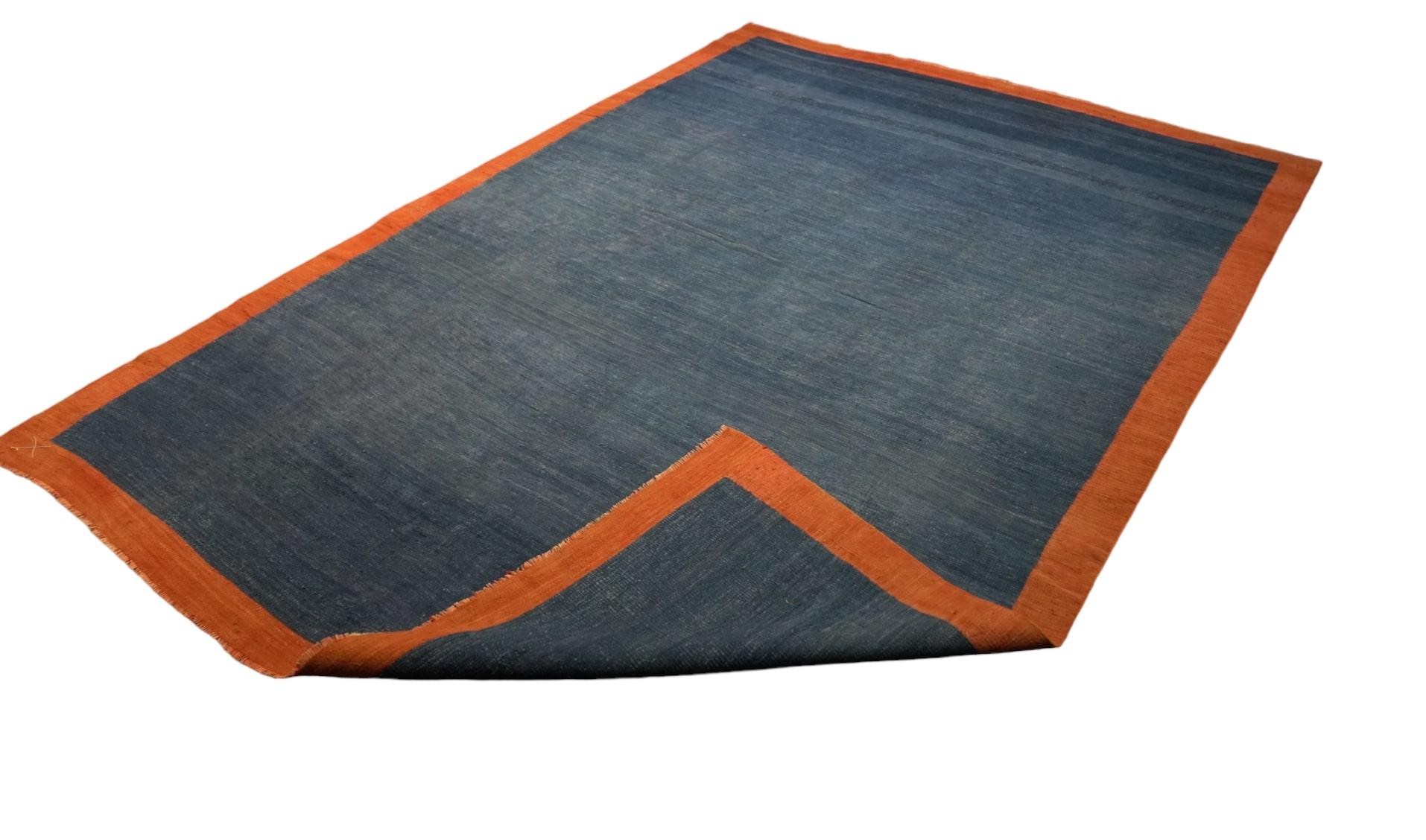 Hand-Woven Vintage Dhurrie Rug in Blue with Solid Rust Border from Rug & Kilim For Sale