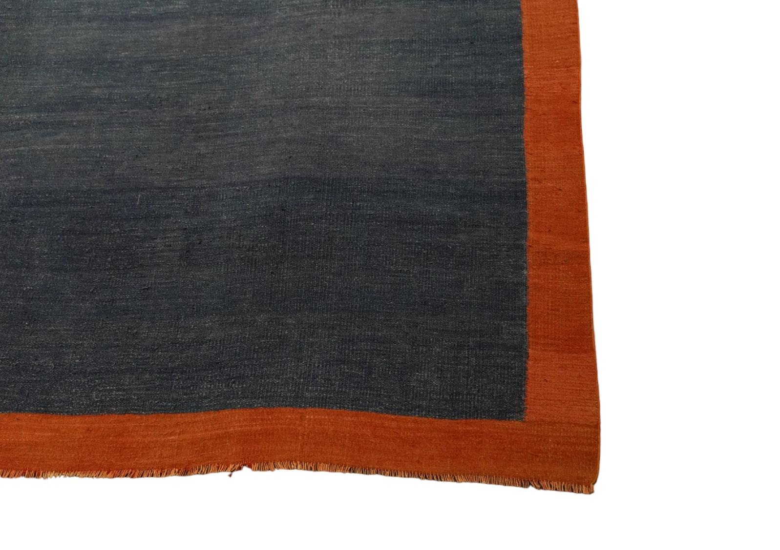 Mid-20th Century Vintage Dhurrie Rug in Blue with Solid Rust Border from Rug & Kilim For Sale