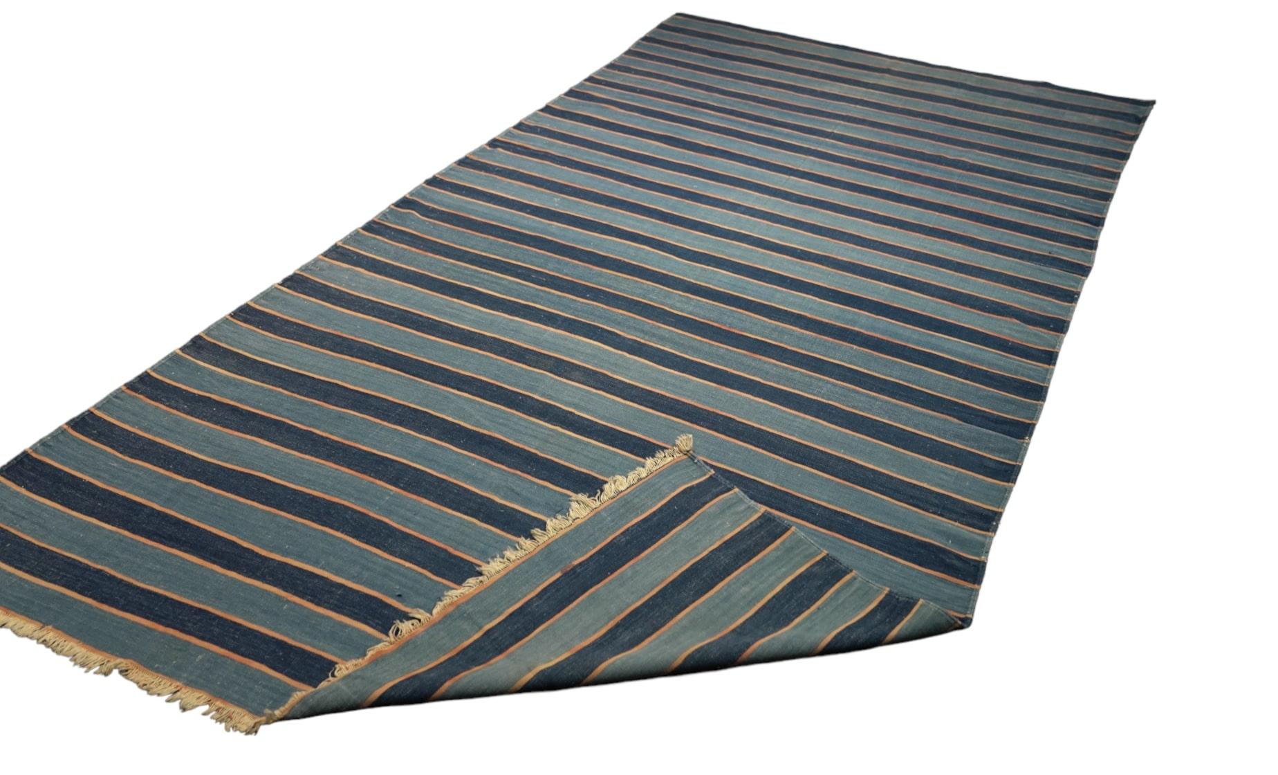 Vintage Dhurrie Vintage-Teppich in Blau mit Streifen, von Rug & Kilim (Kelim) im Angebot