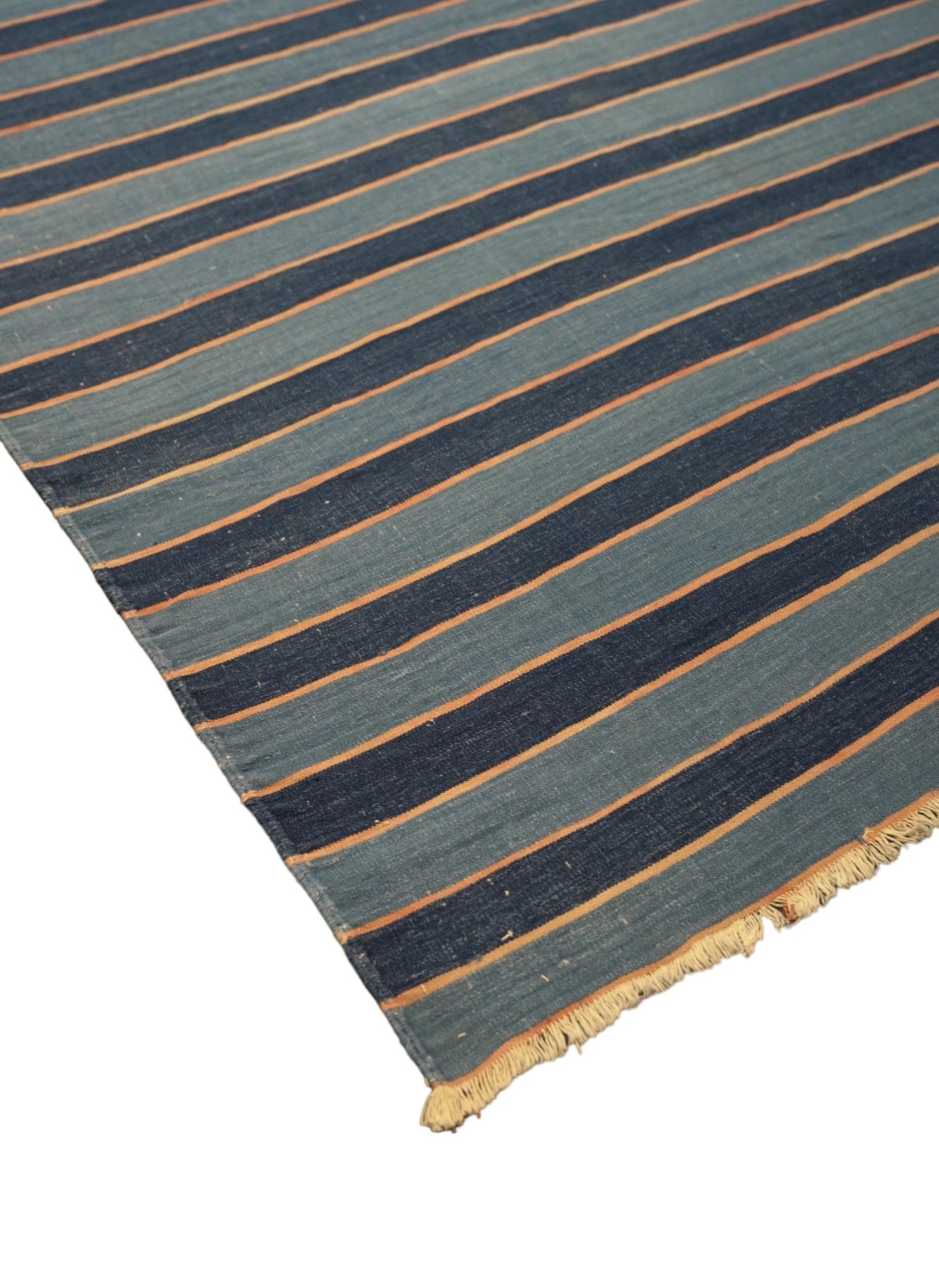 Hand-Woven Vintage Dhurrie Rug in Blue with Stripes, from Rug & Kilim For Sale