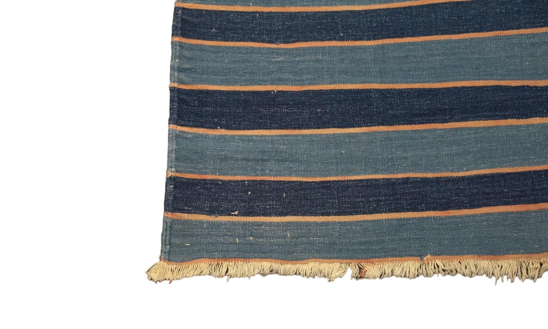 Vintage Dhurrie Rug in Blue with Stripes, from Rug & Kilim In Good Condition For Sale In Long Island City, NY