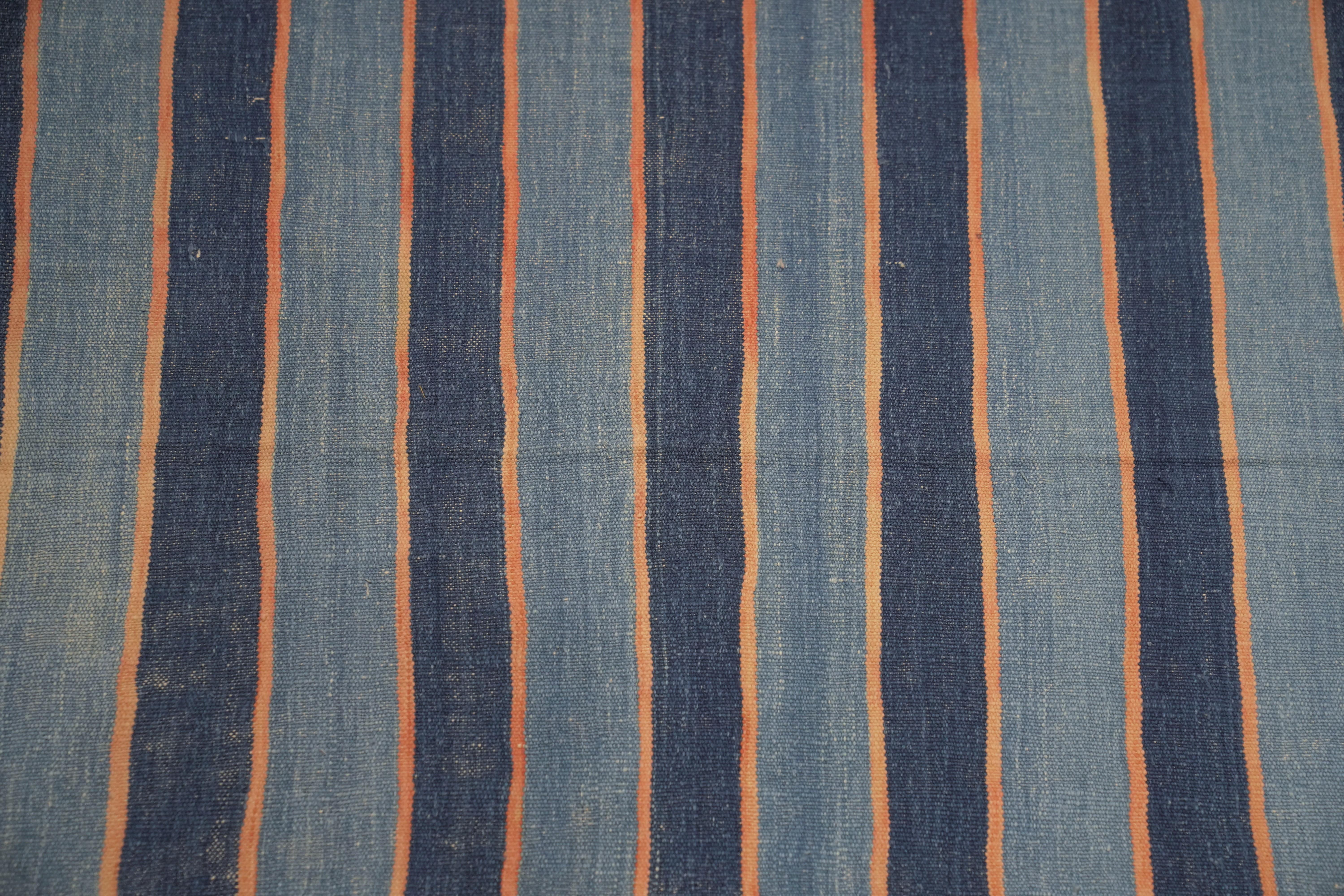 Mid-20th Century Vintage Dhurrie Rug in Blue with Stripes, from Rug & Kilim For Sale