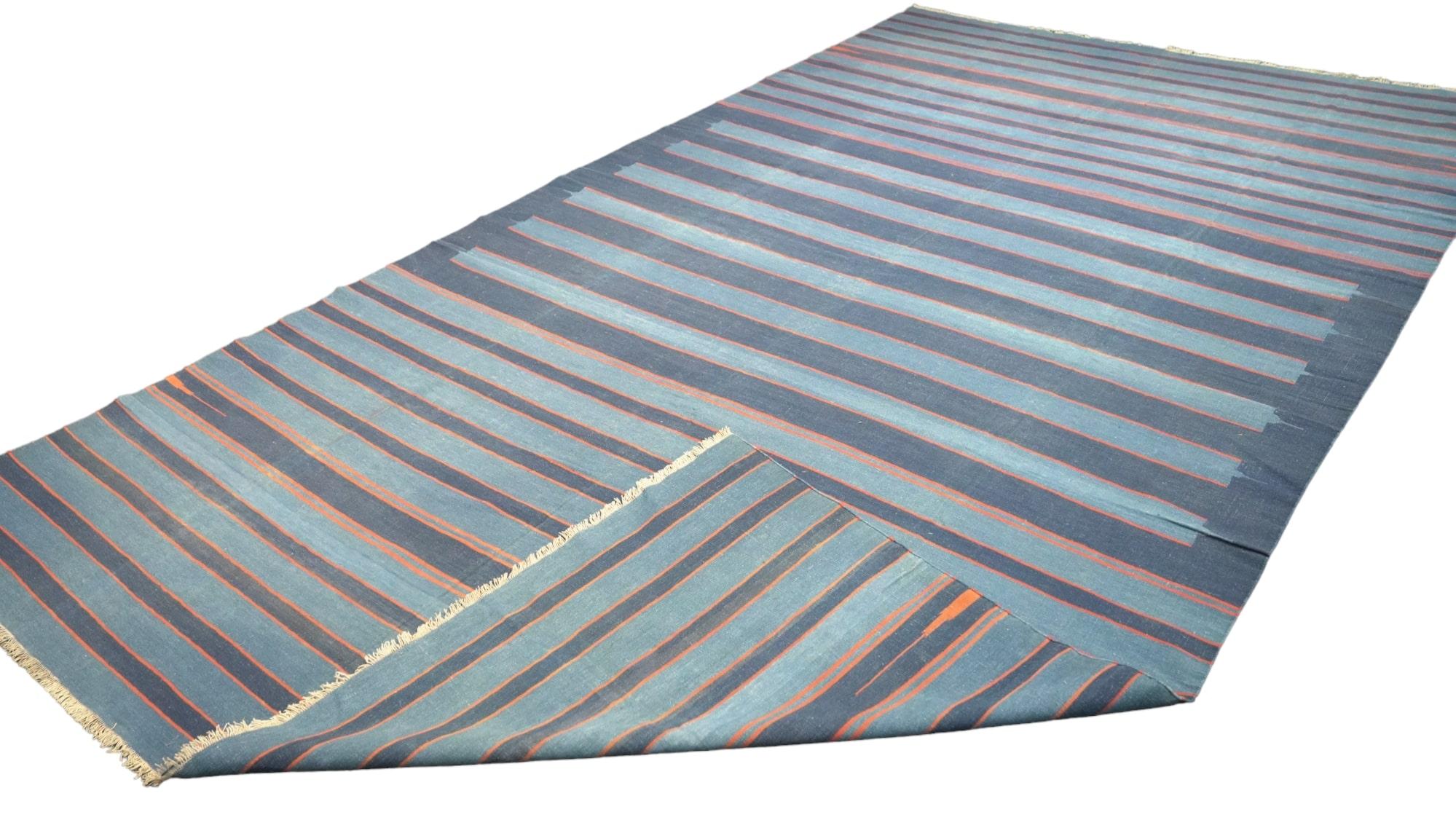 Hand-Woven Vintage Dhurrie Rug in Bluewith Stripes, from Rug & Kilim For Sale