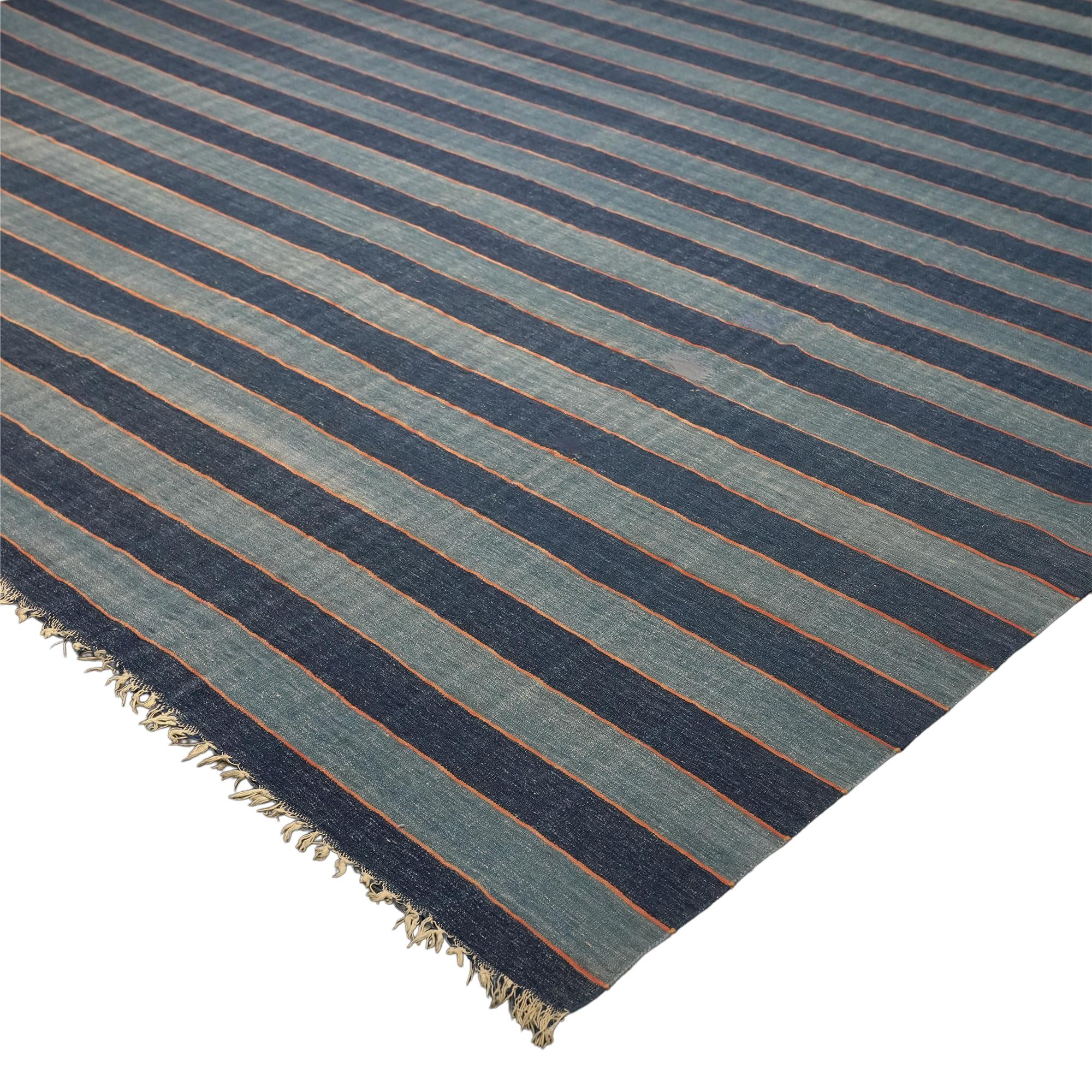 Hand-Woven Vintage Dhurrie Rug in Bluewith Stripes, from Rug & Kilim For Sale