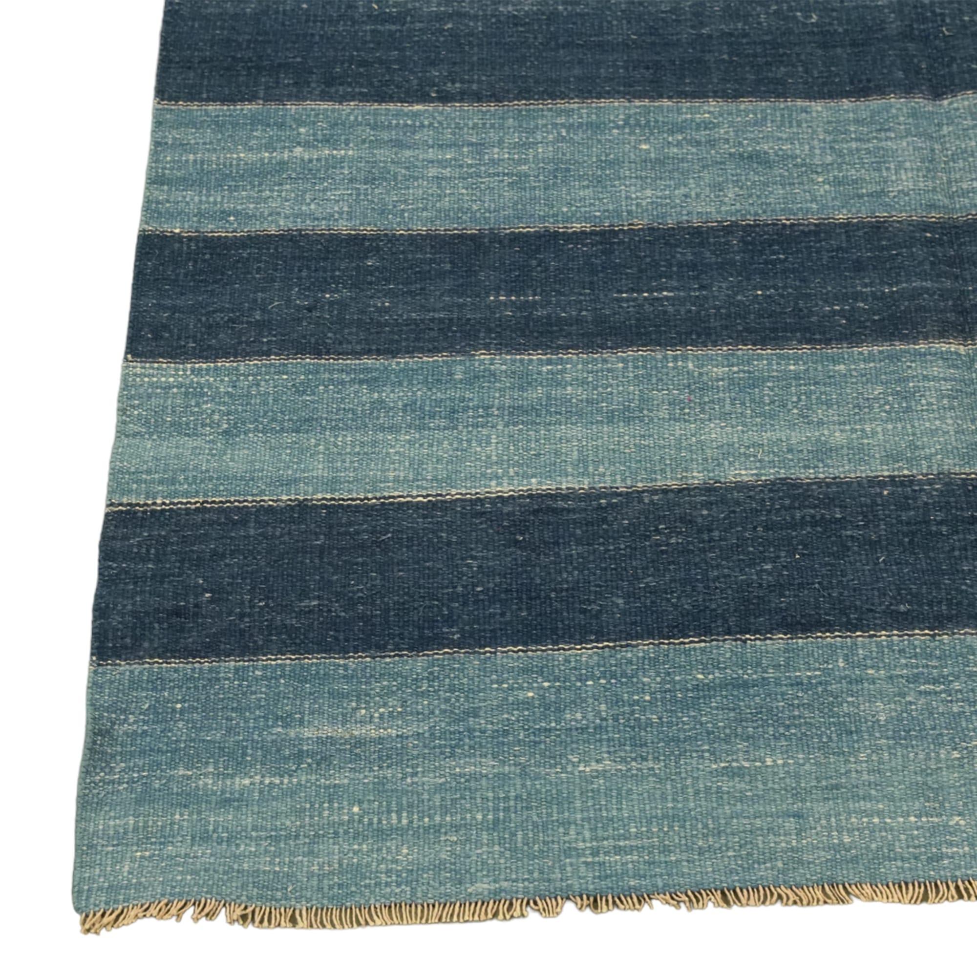 Hand-Woven Vintage Dhurrie Rug in Bluewith Stripes, from Rug & Kilim For Sale