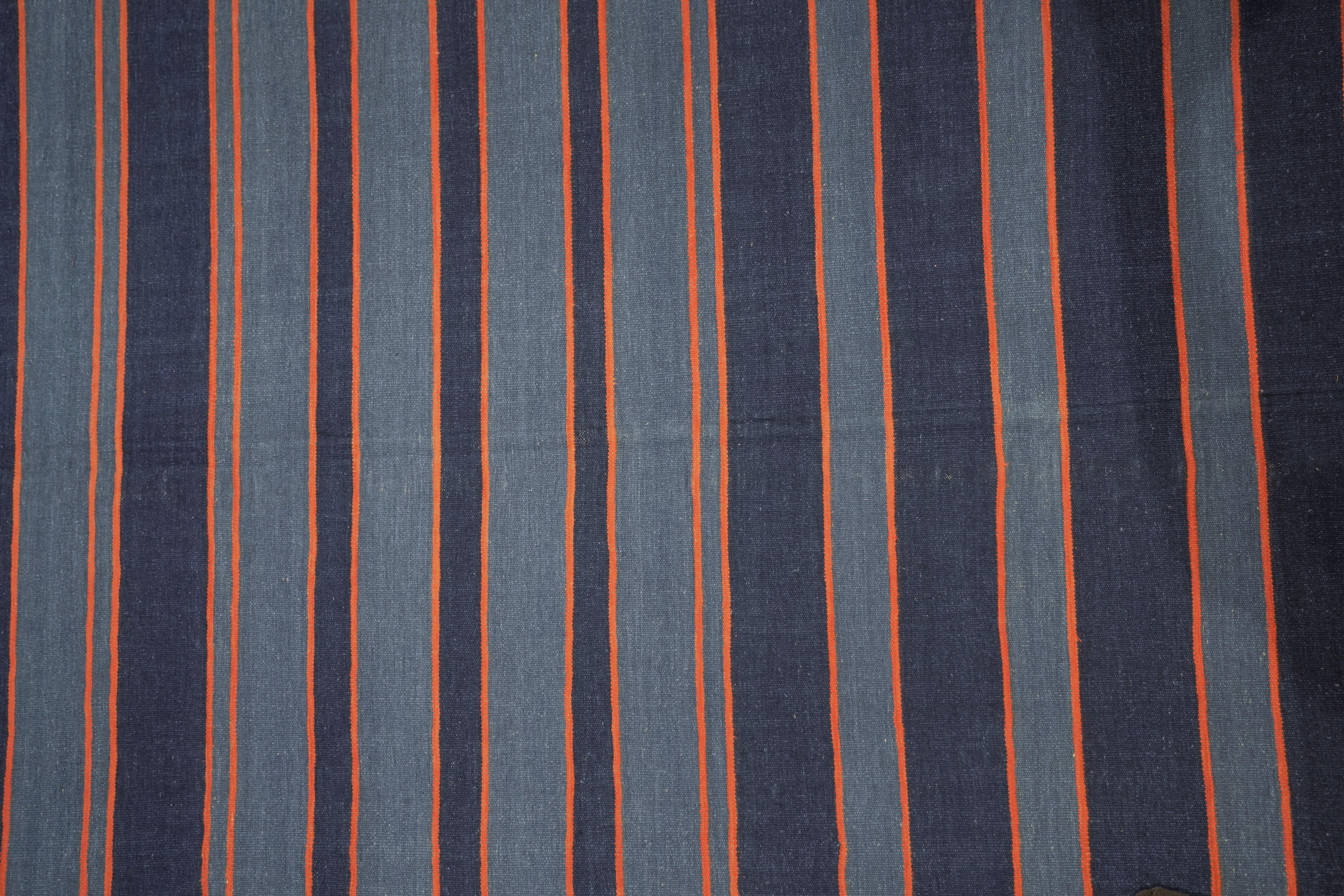Mid-20th Century Vintage Dhurrie Rug in Bluewith Stripes, from Rug & Kilim For Sale