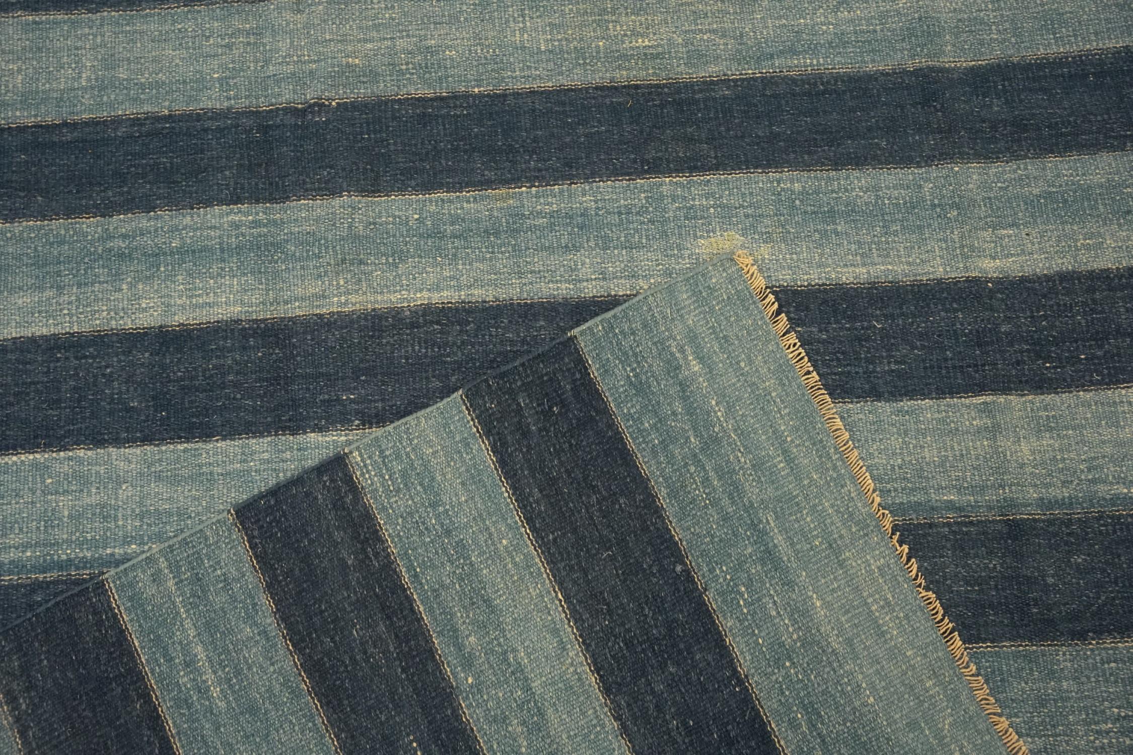 Mid-20th Century Vintage Dhurrie Rug in Bluewith Stripes, from Rug & Kilim For Sale