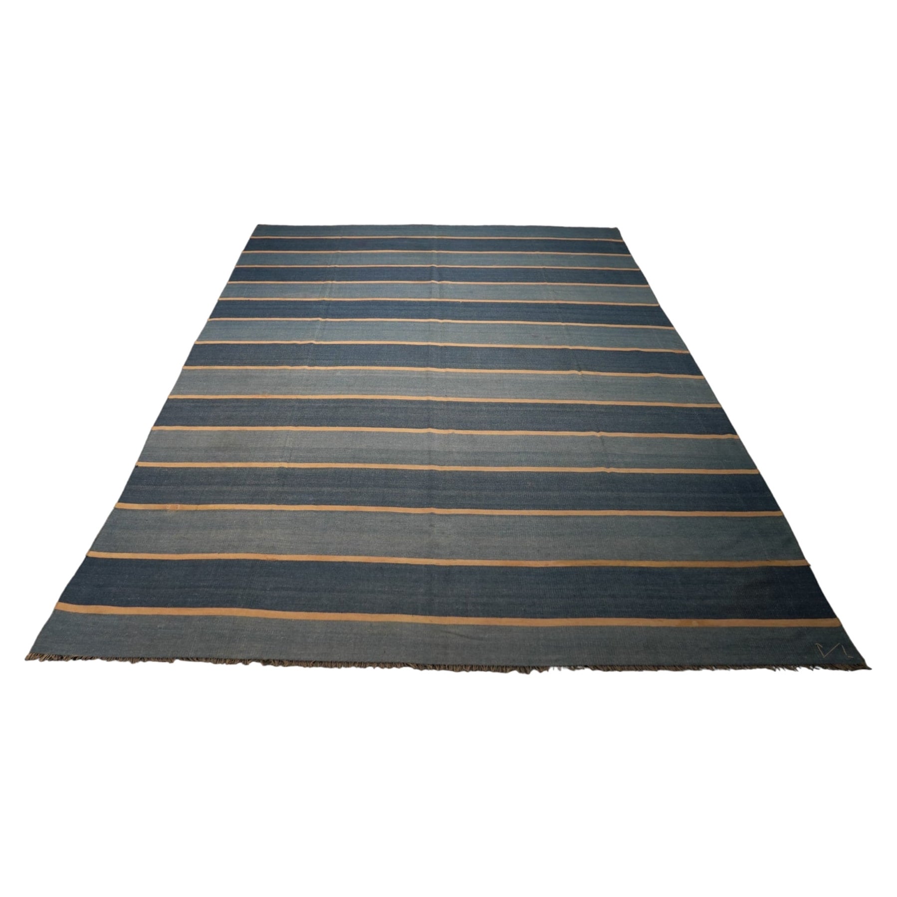 Tappeto vintage Dhurrie blu a strisce, da Rug & Kilim