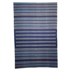 Tappeto vintage Dhurrie blu a strisce, da Rug & Kilim