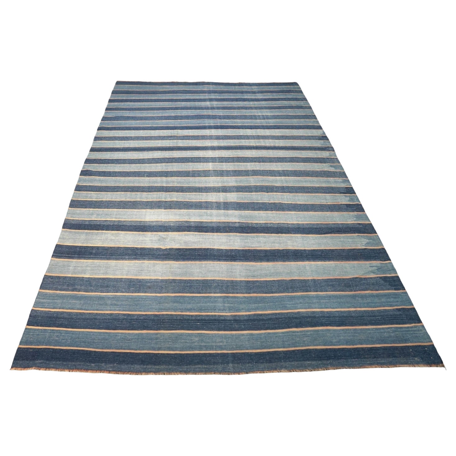Tappeto vintage Dhurrie blu a strisce, da Rug & Kilim