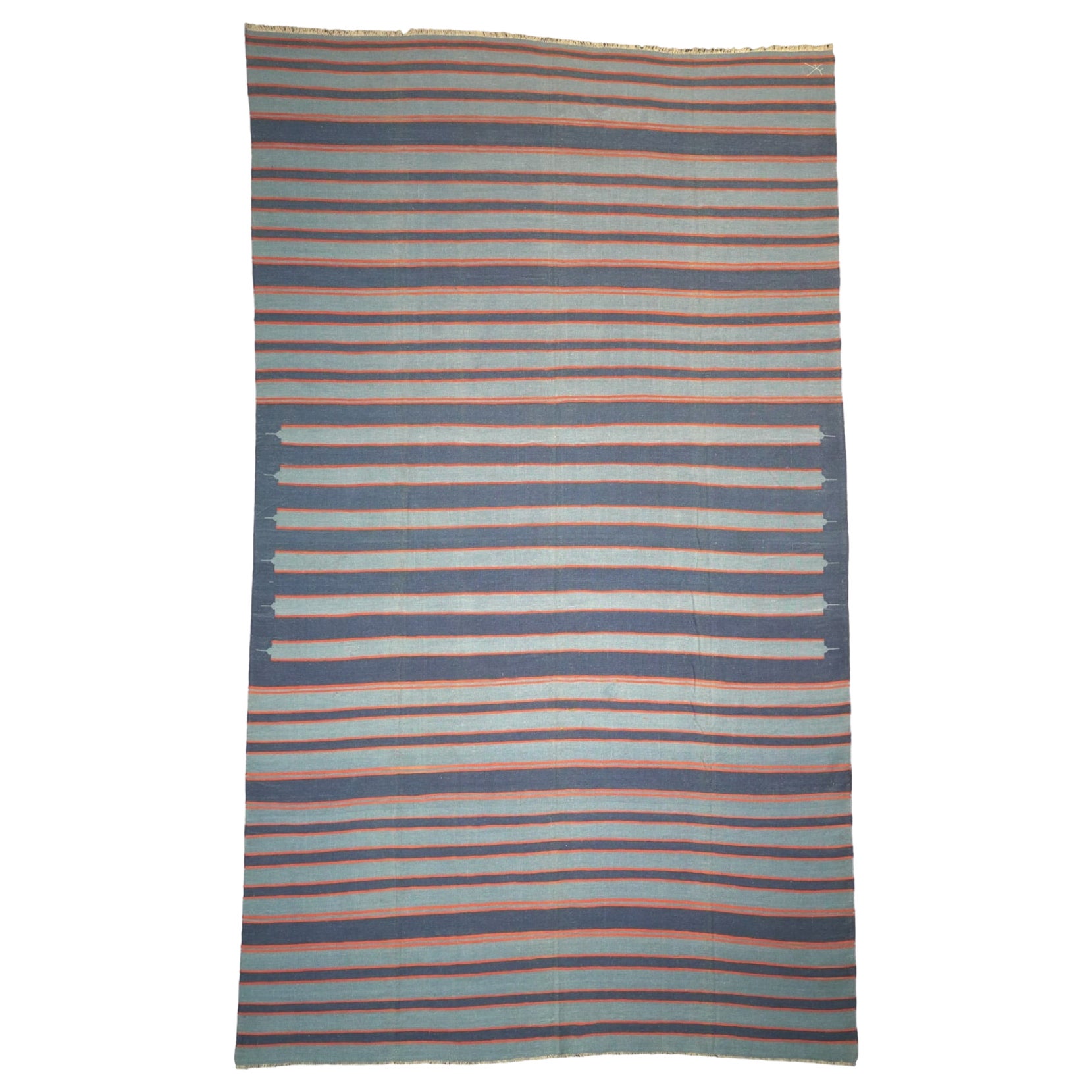 Tappeto vintage Dhurrie blu a strisce, da Rug & Kilim