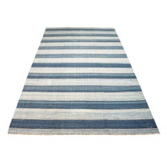 Tappeto vintage Dhurrie blu a strisce, da Rug & Kilim