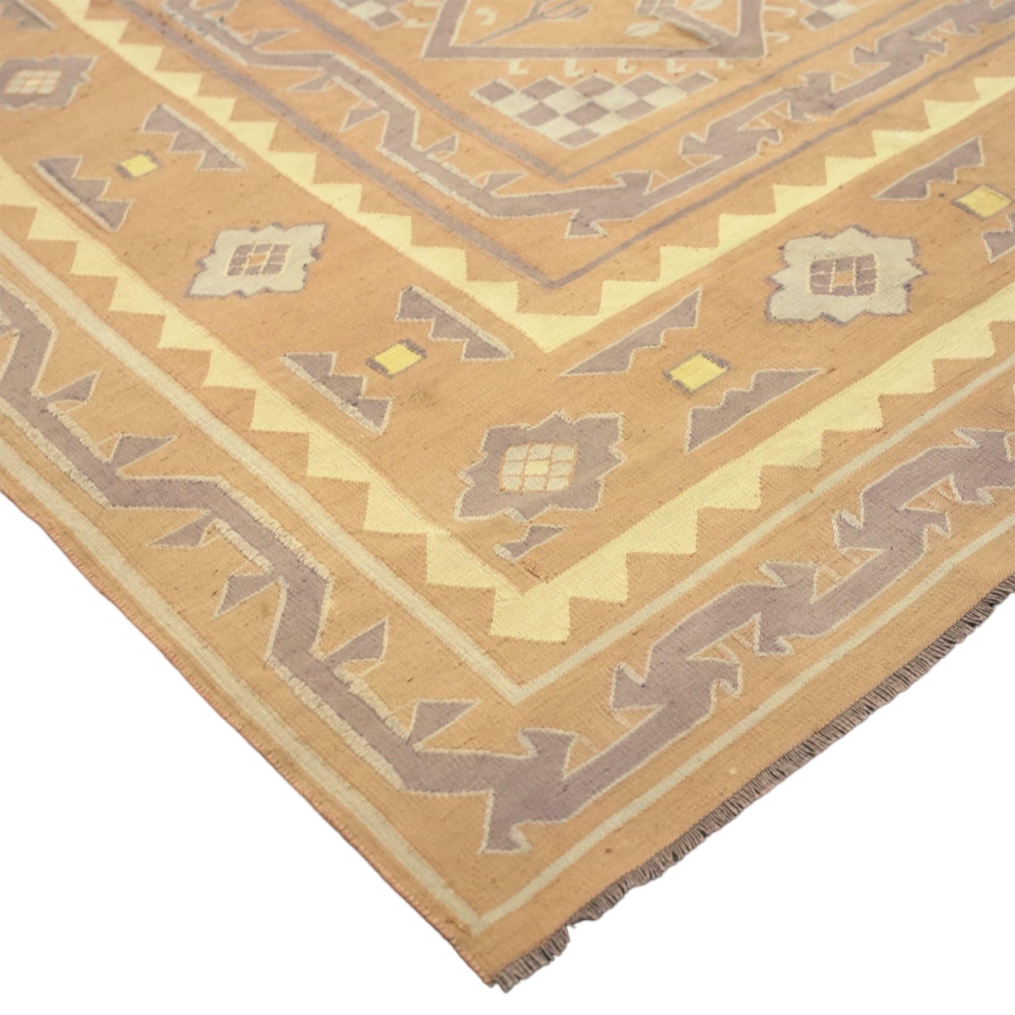 Indian Vintage Dhurrie Rug in Brown with Mauve Geometric Patterns, from Rug & Kilim For Sale