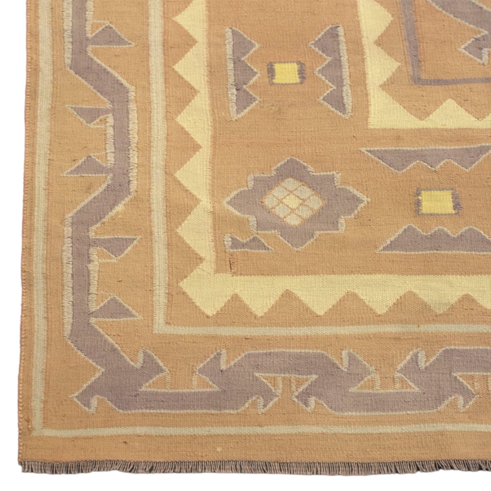 Hand-Woven Vintage Dhurrie Rug in Brown with Mauve Geometric Patterns, from Rug & Kilim For Sale