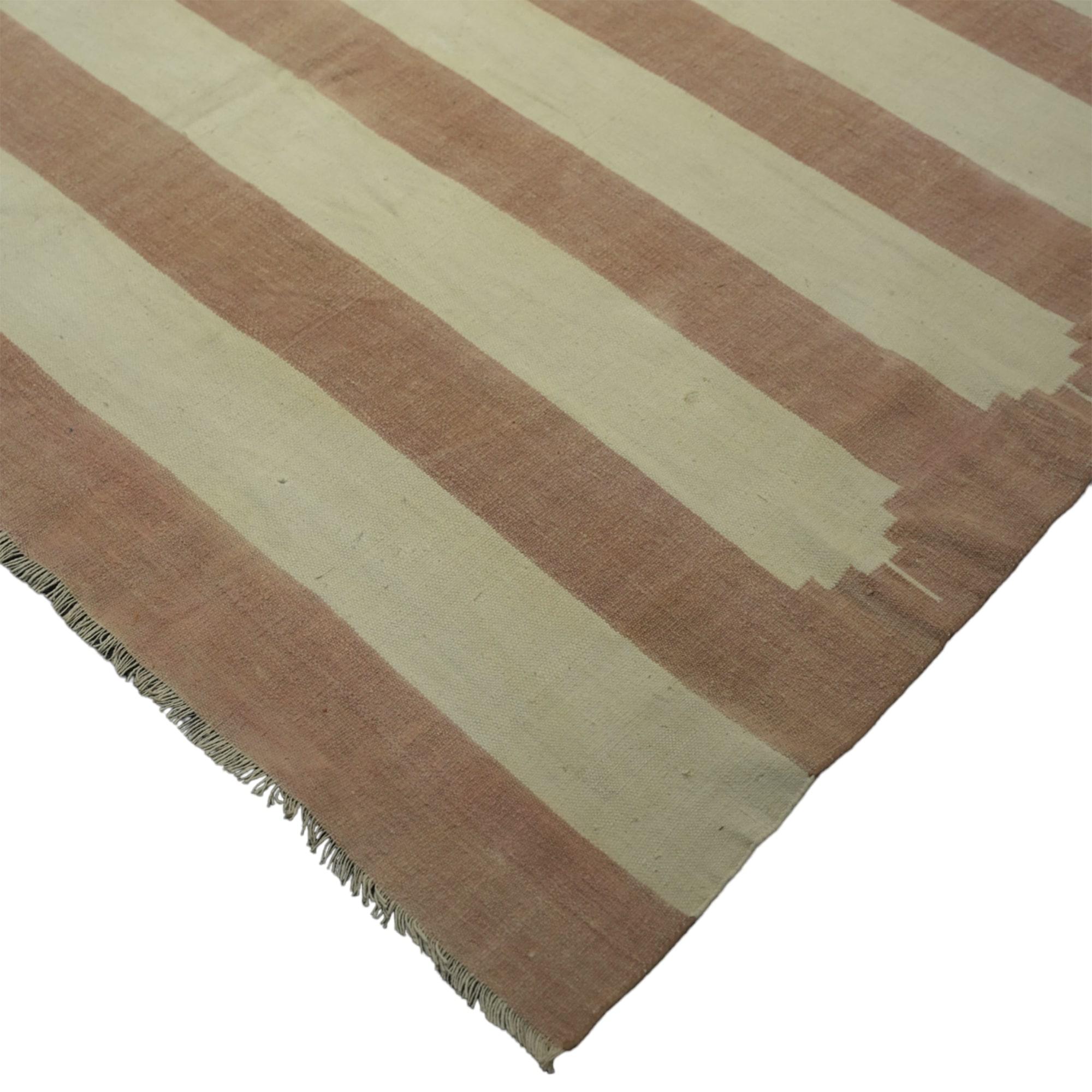 Hand-Woven Vintage Dhurrie Rug in Brownwith Stripes, from Rug & Kilim For Sale