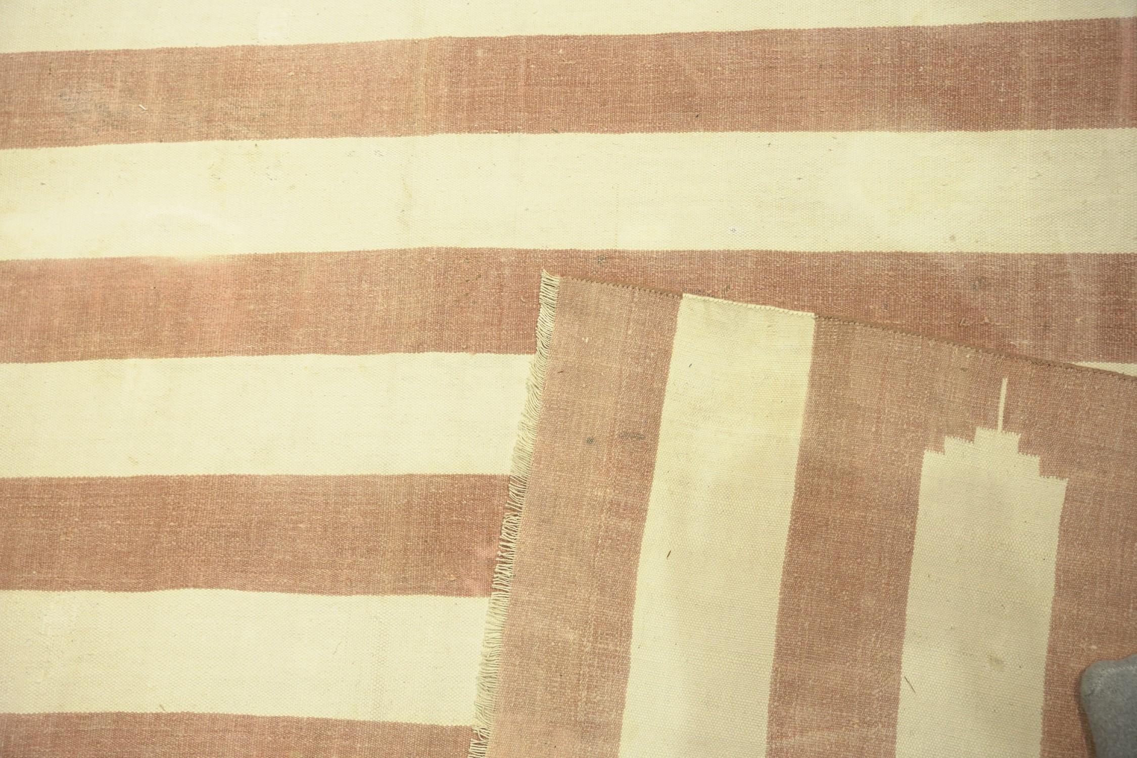 Mid-20th Century Vintage Dhurrie Rug in Brownwith Stripes, from Rug & Kilim For Sale