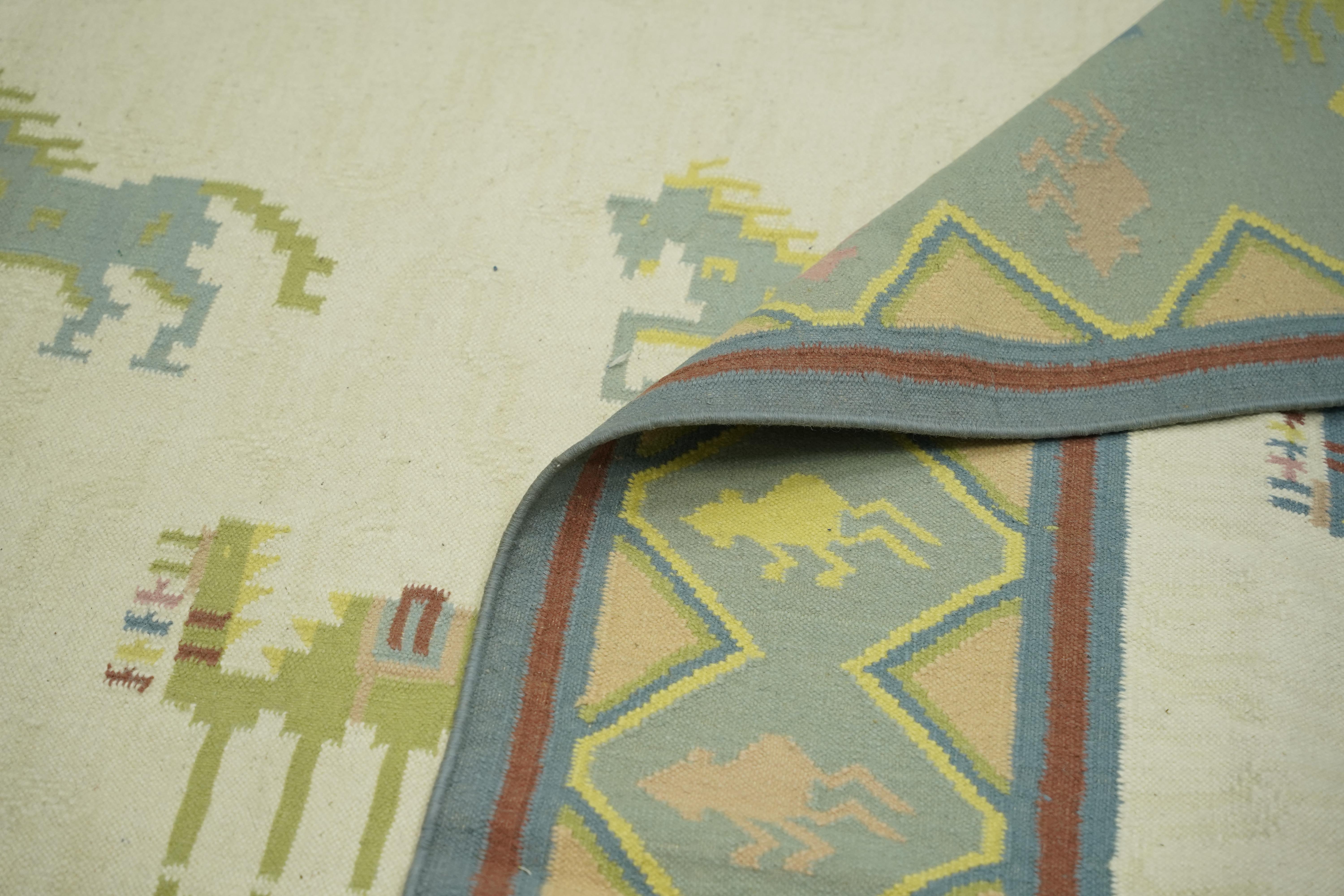 Indian Vintage Dhurrie Rug in Cream and Blue with Animal Pictorials, from Rug & Kilim  For Sale