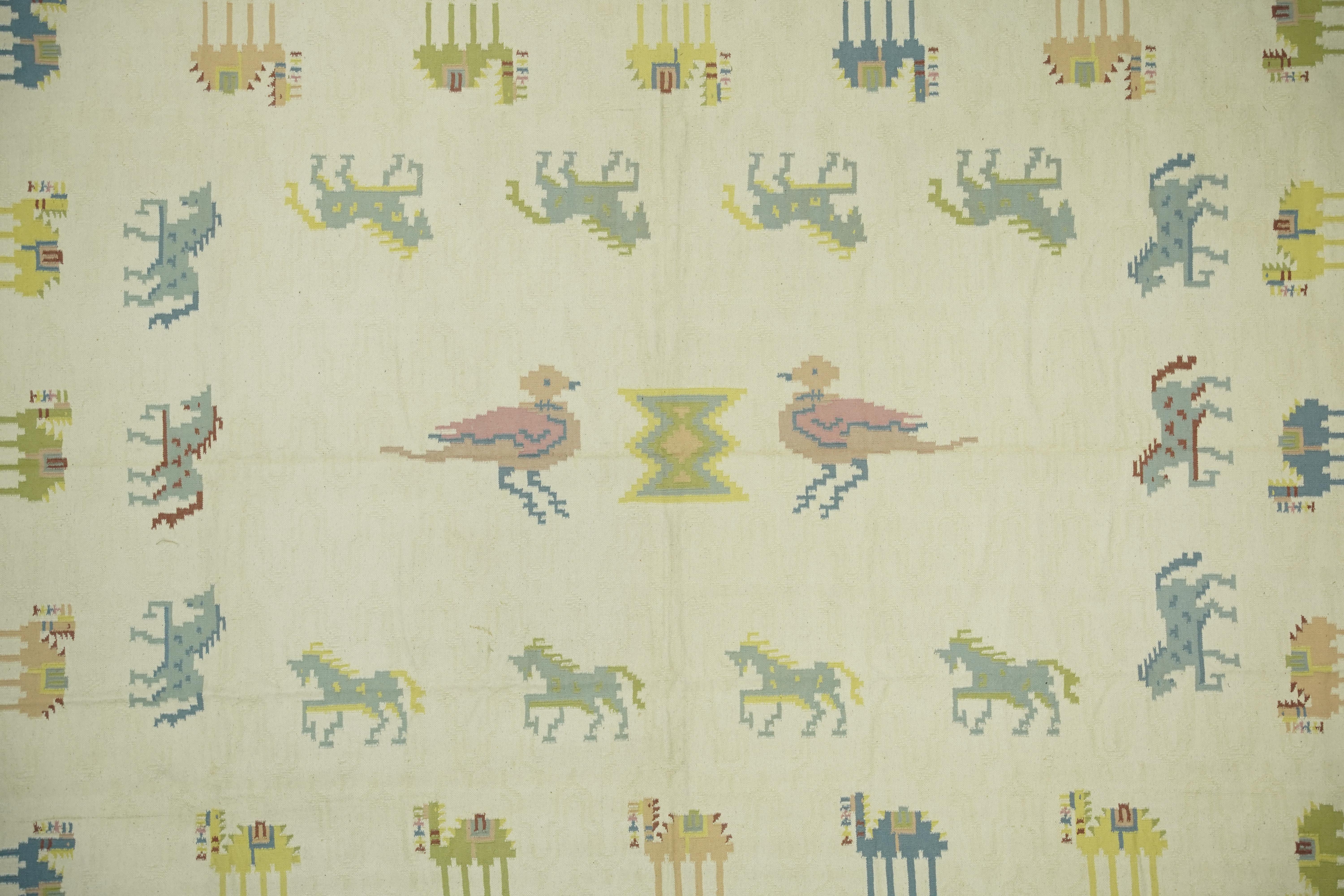 Hand-Woven Vintage Dhurrie Rug in Cream and Blue with Animal Pictorials, from Rug & Kilim  For Sale