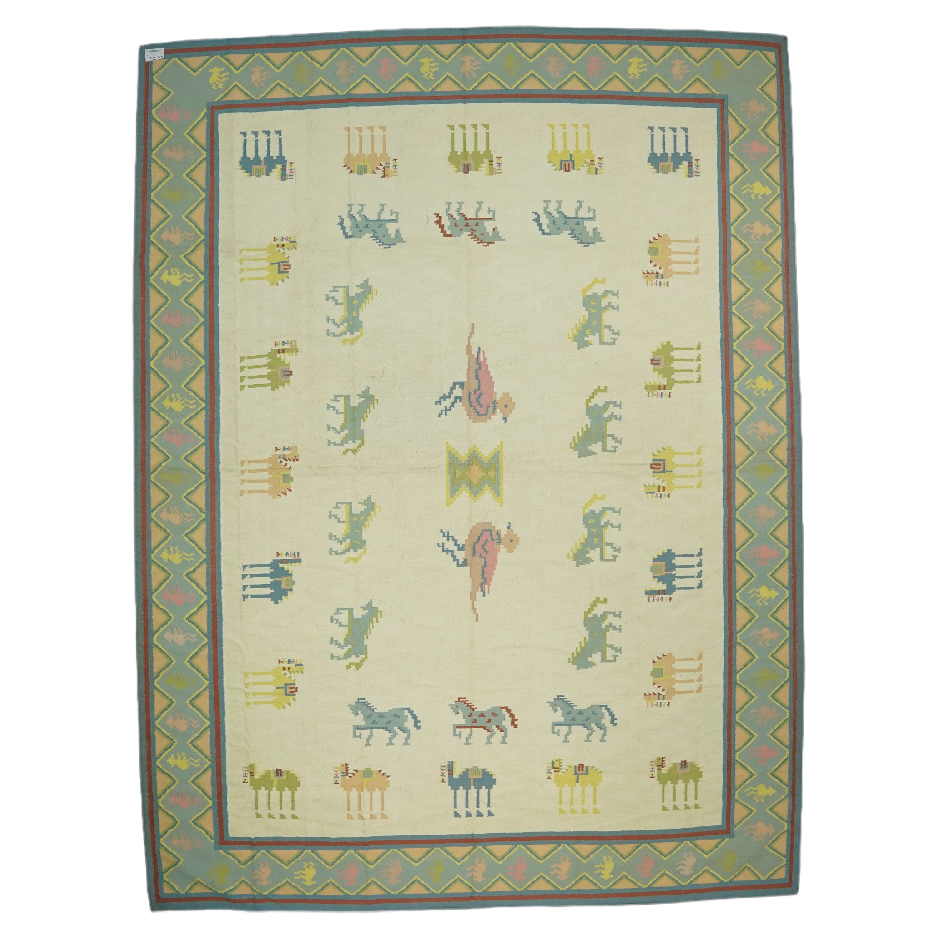 Vintage Dhurrie Vintage-Teppich in Creme und Blau mit Tierbildern, von Rug & Kilim im Angebot