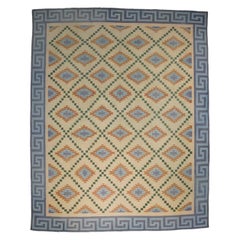 Vintage Dhurrie Vintage-Teppich in Creme mit blauen geometrischen Mustern, von Rug & Kilim, Vintage