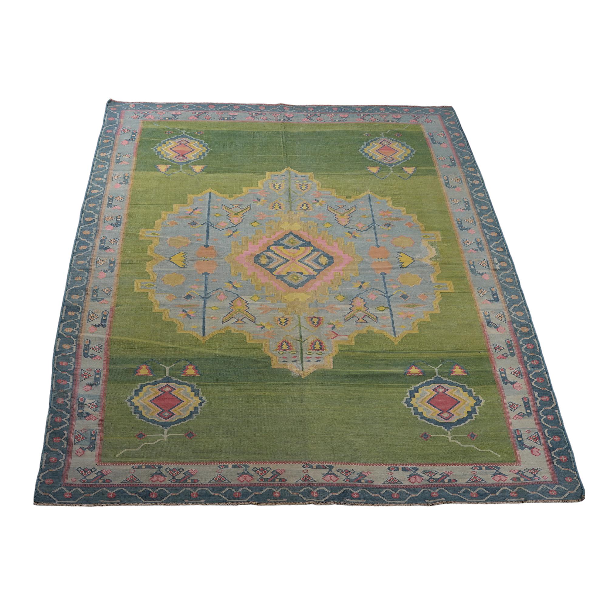 Indian Vintage Dhurrie Rug in Green, with Geometric Medallion, from Rug & Kilim For Sale