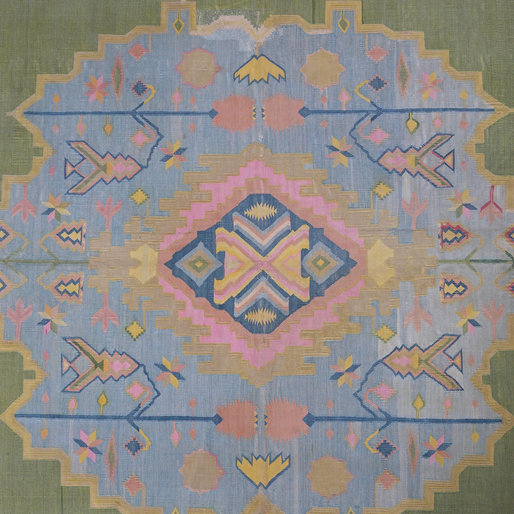 Hand-Woven Vintage Dhurrie Rug in Green, with Geometric Medallion, from Rug & Kilim For Sale