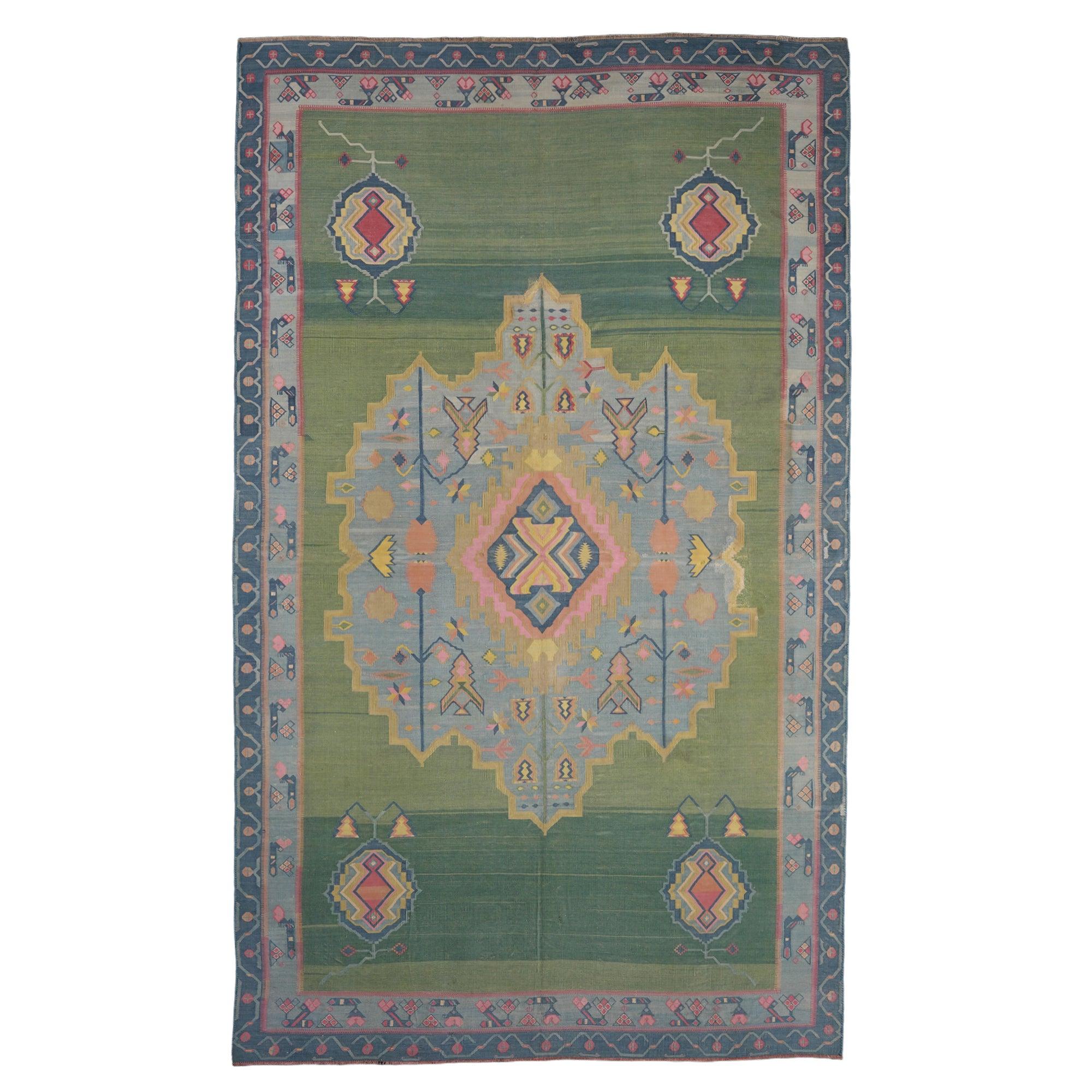 Vintage Dhurrie Rug in Green, with Geometric Medallion, from Rug & Kilim