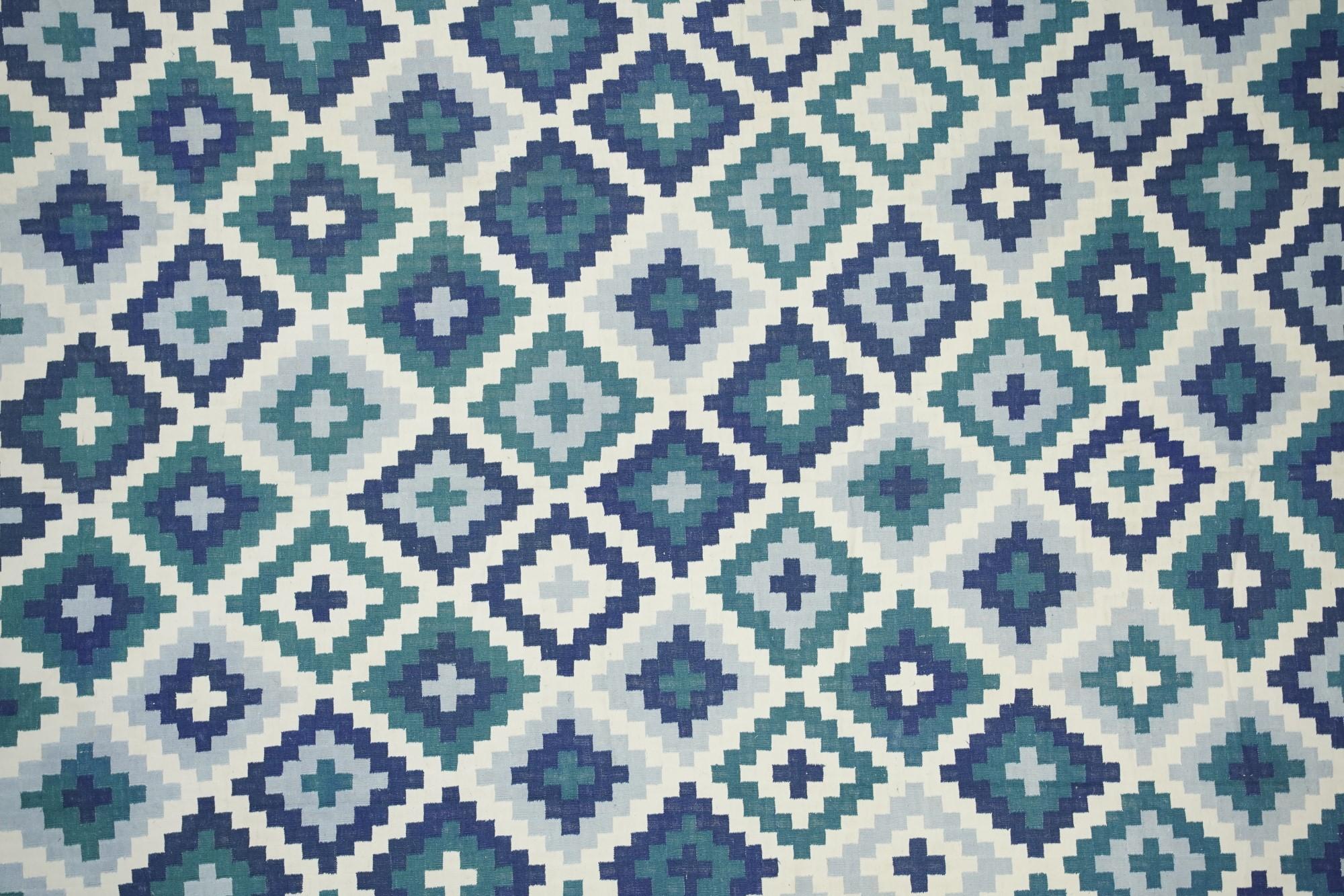 Indian Vintage Dhurrie Rug in Teal, Blue and White Geometric Pattern, from Rug & Kilim  For Sale