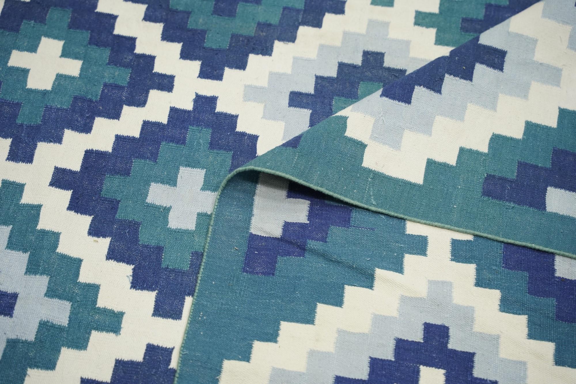 Hand-Woven Vintage Dhurrie Rug in Teal, Blue and White Geometric Pattern, from Rug & Kilim  For Sale