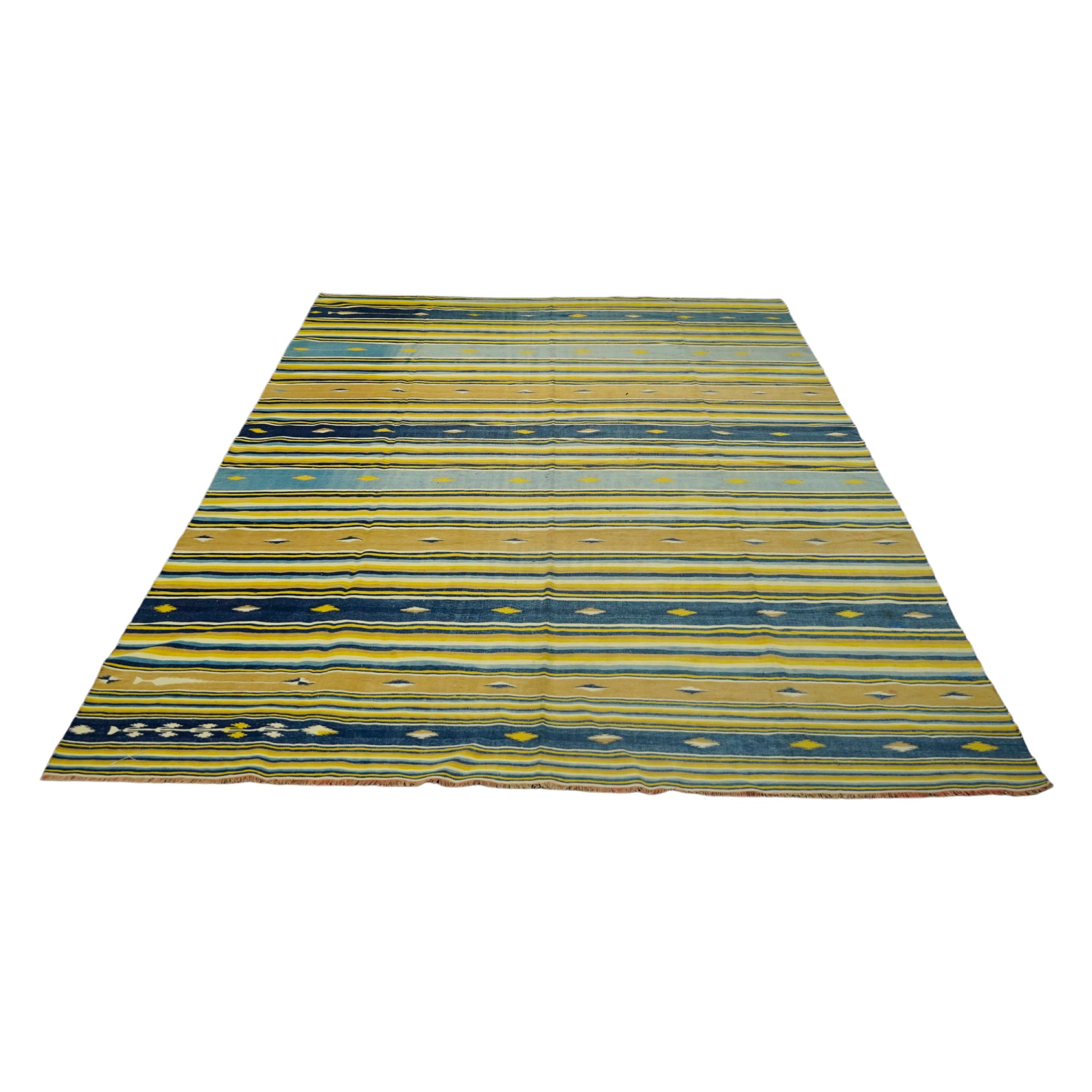 Tapis Dhurrie vintage à rayures jaunes et bleues et géométrie  Rug & Kilim
