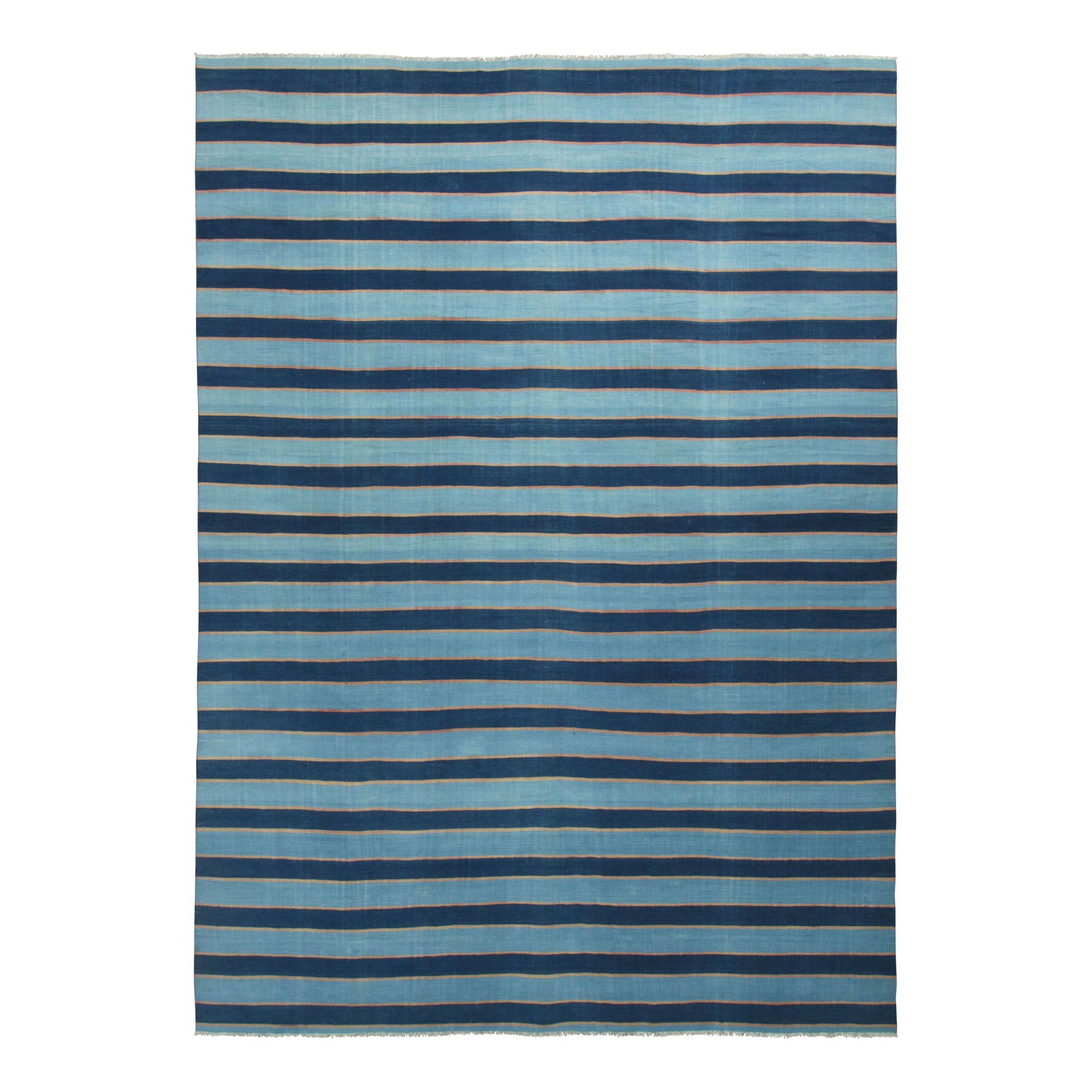 Vintage Dhurrie Rug, Navy and Sky Blue Stripes - Rug & Kilim