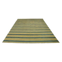 Vintage Dhurrie Rug with Beige-Brown, Navy Blue and Yellow Stripes Rug & Kilim