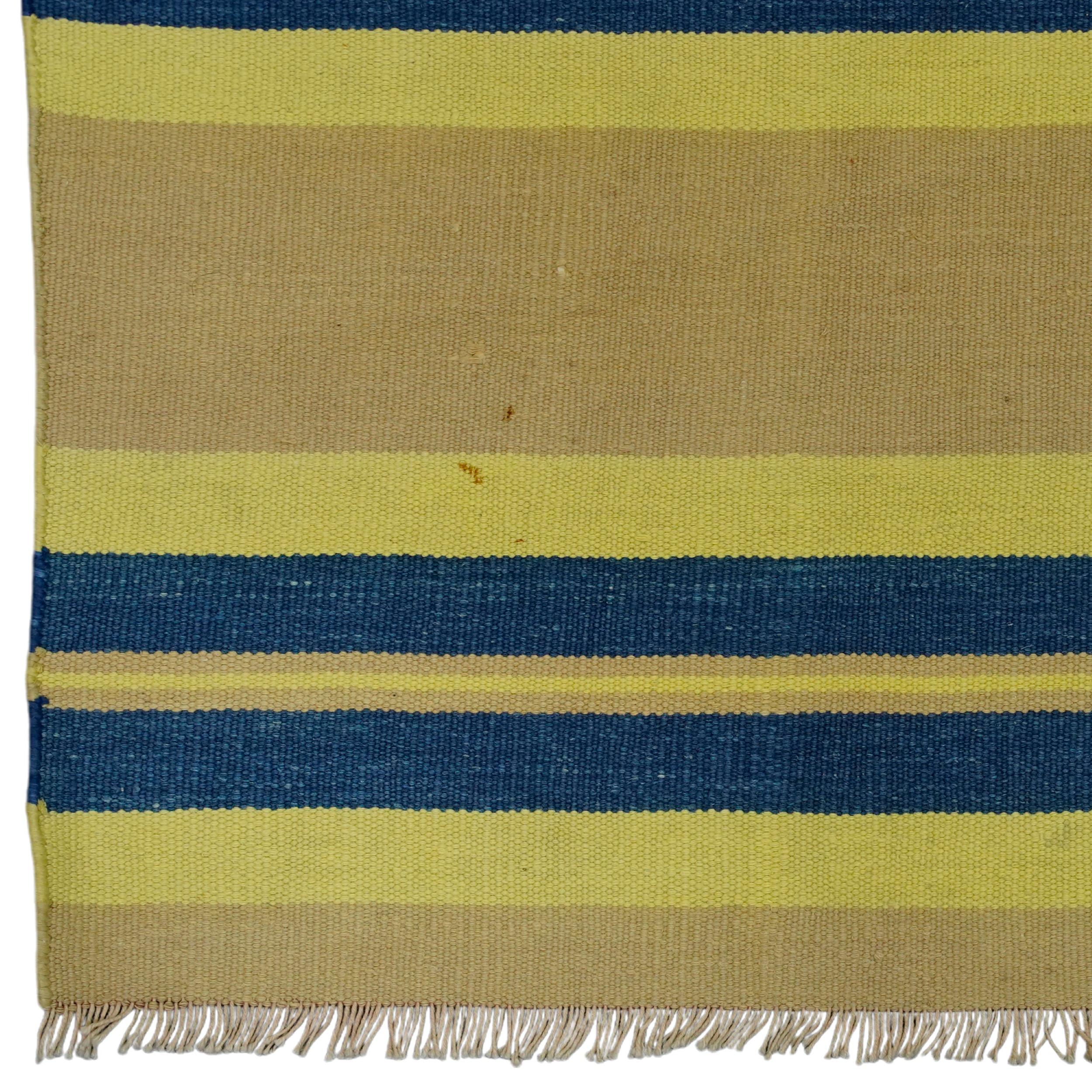 Alfombra Dhurrie Vintage con Rayas Beige-Marrón, Azul Marino y Amarillo Rug & Kilim Tejido a mano en venta