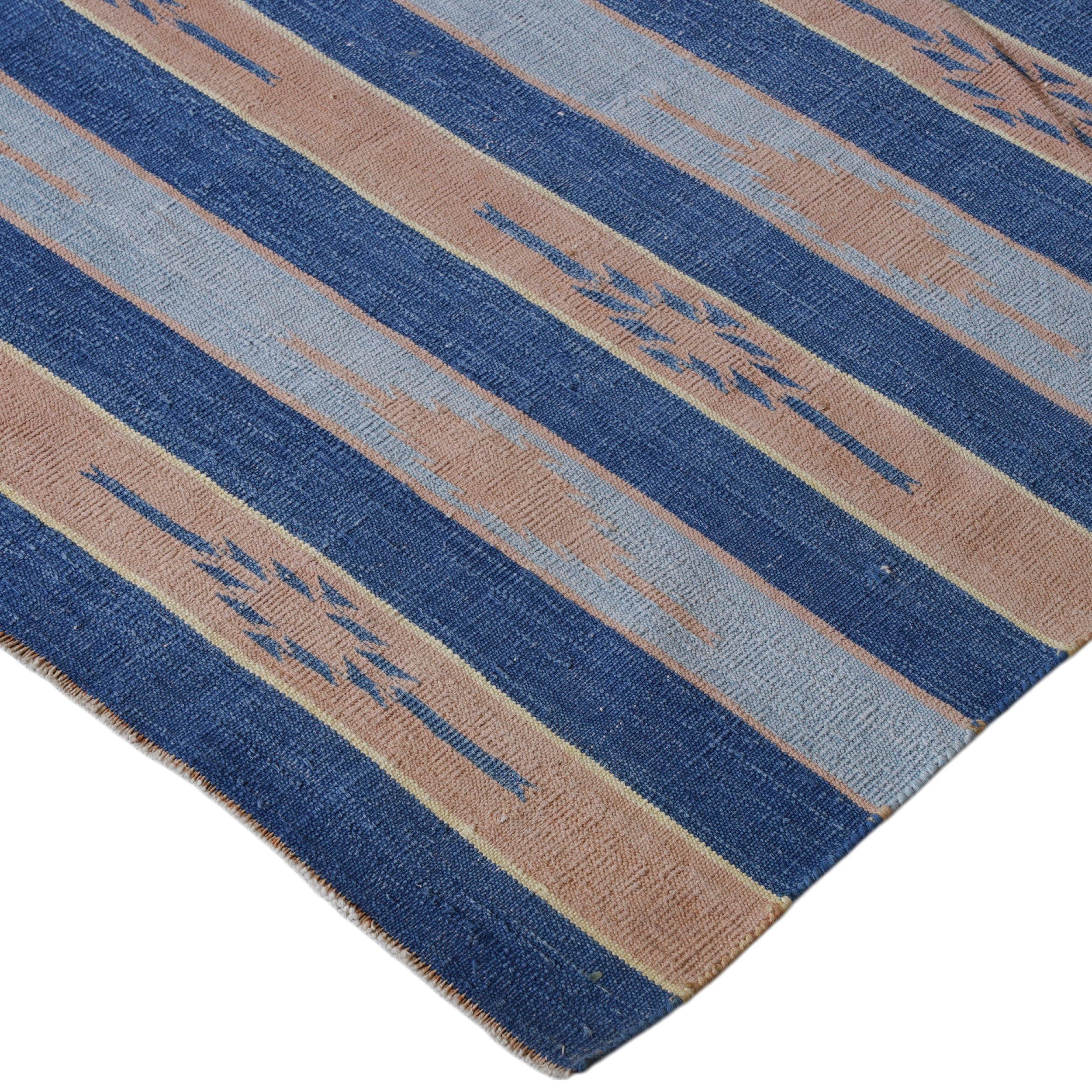 Alfombra Dhurrie Vintage con Rayas Azules y Beige  Rug & Kilim Indio en venta