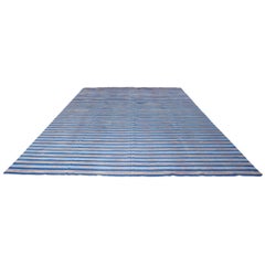 Tapis Dhurrie vintage à rayures bleues et beiges  Rug & Kilim
