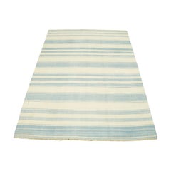 Vintage Dhurrie Rug with Blue and Cream Stripes  Rug & Kilim