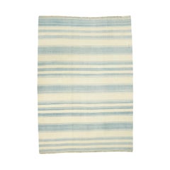 Vintage Dhurrie Rug with Blue and Cream Stripes  Rug & Kilim
