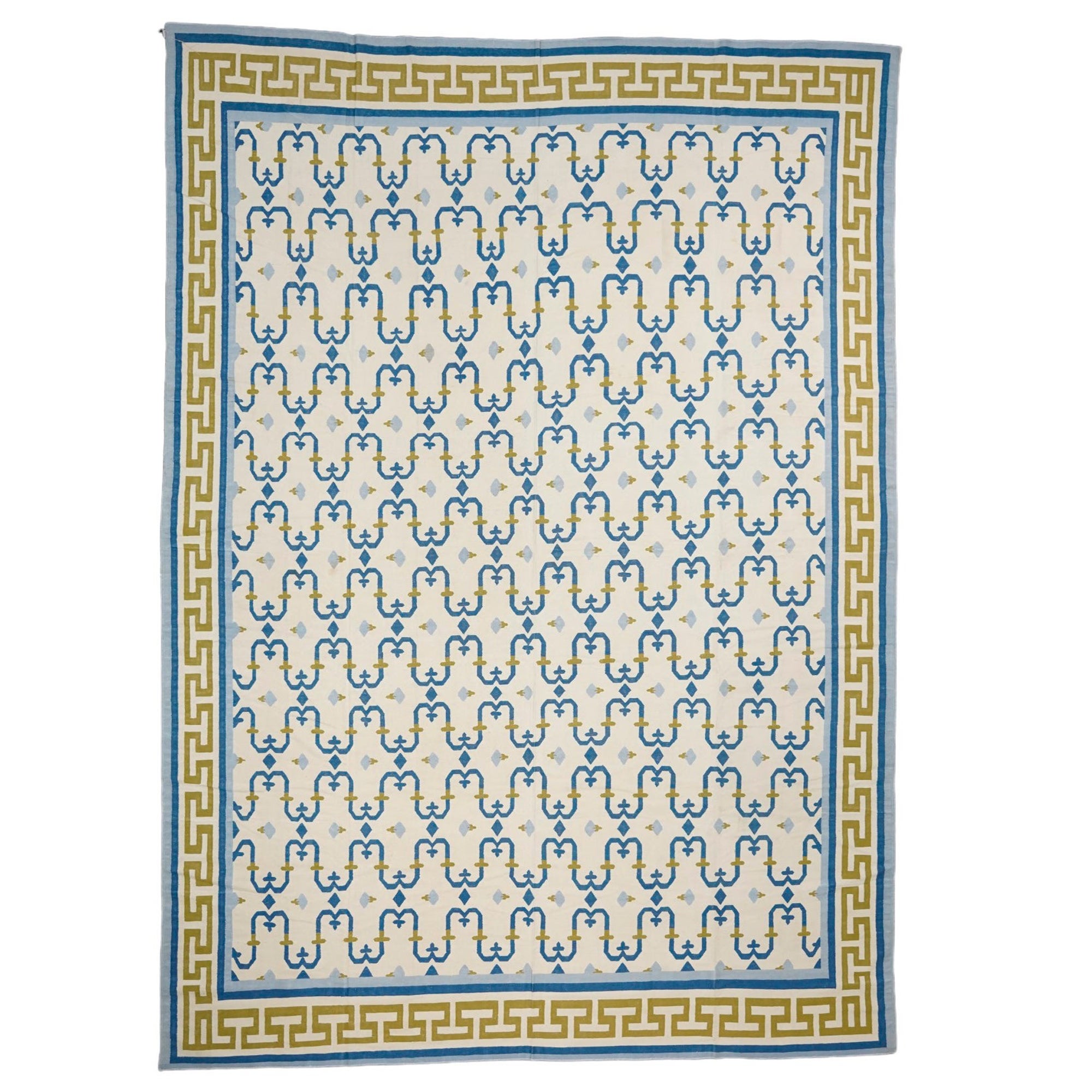 Vintage Dhurrie Vintage-Teppich mit blauem und goldenem geometrischem Muster, von Rug & Kilim