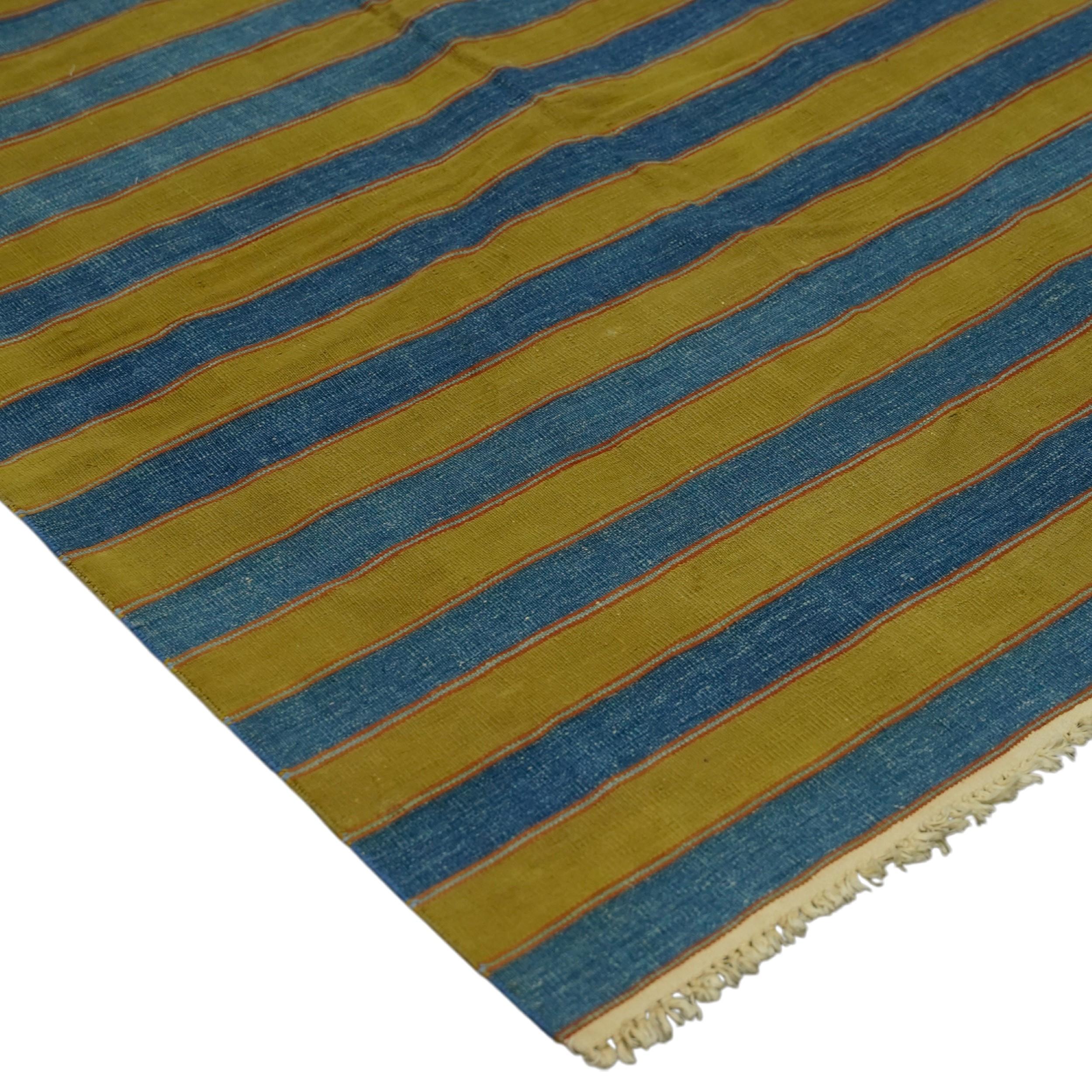 Indian Vintage Dhurrie Rug with Blue and Green Stripes  Rug & Kilim For Sale